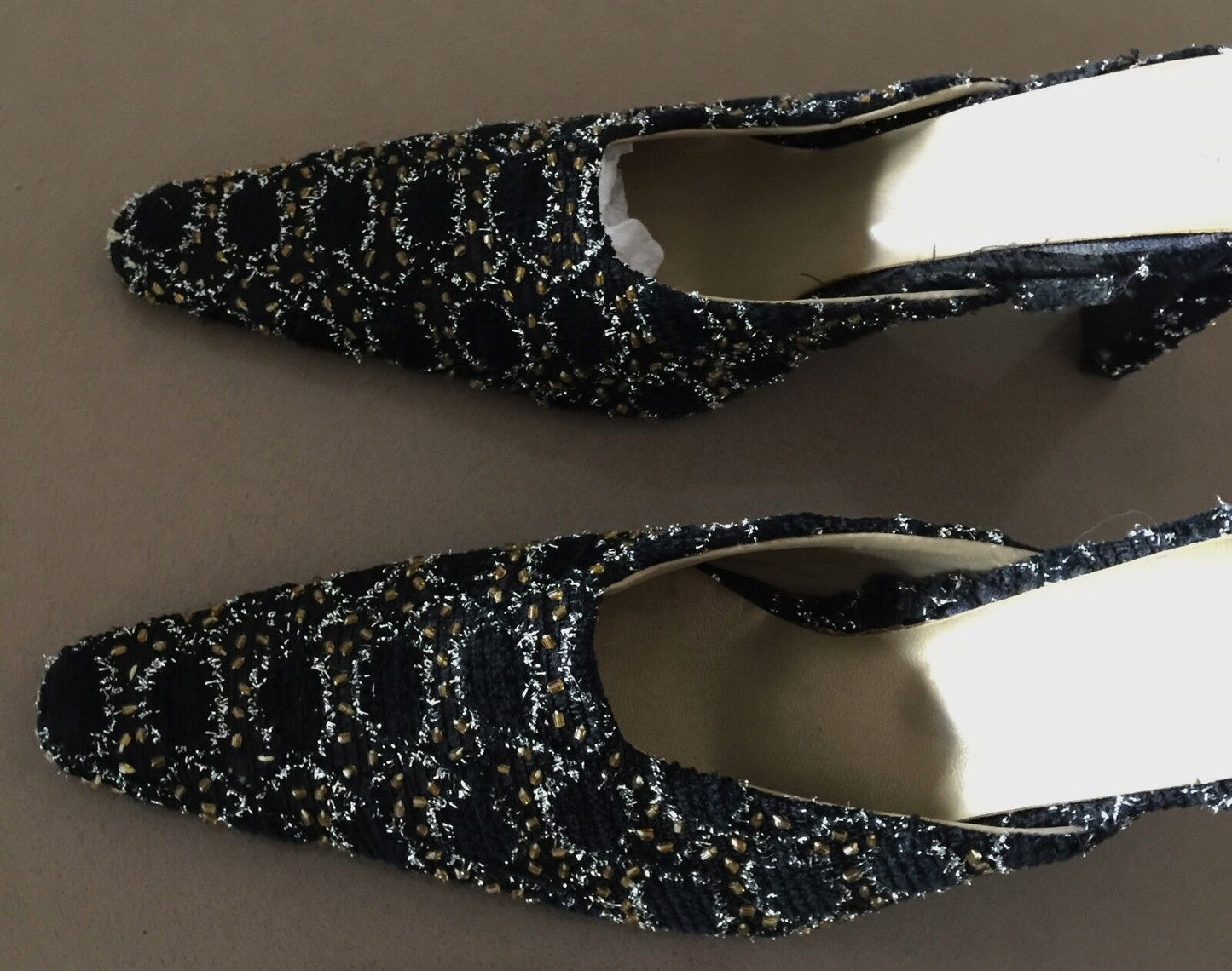 Retro Mule Shoes Black Silver & Gold Textured Embellished Fabric Heels Size 36