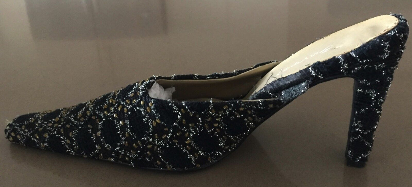 Retro Mule Shoes Black Silver & Gold Textured Embellished Fabric Heels Size 36