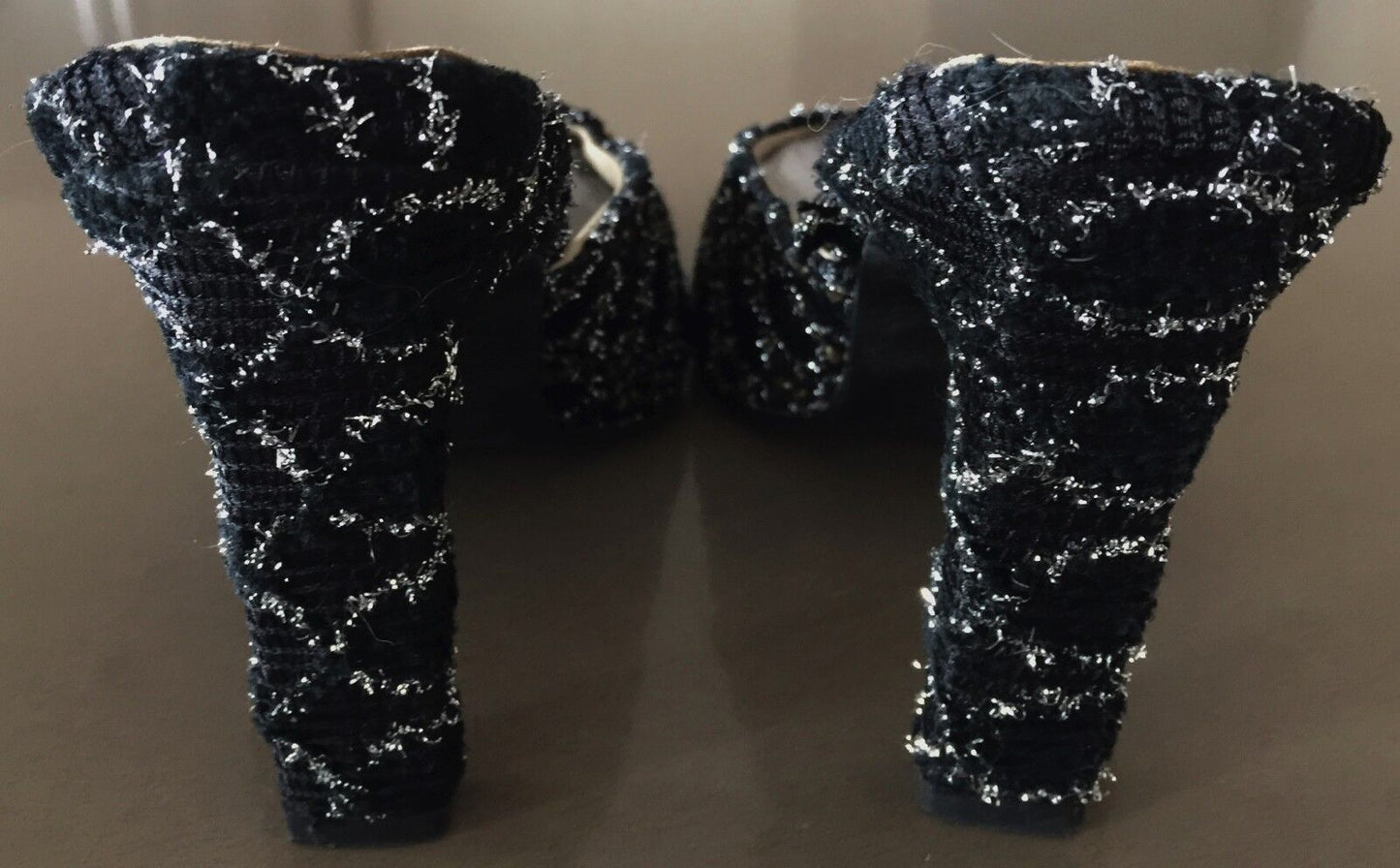 Retro Mule Shoes Black Silver & Gold Textured Embellished Fabric Heels Size 36