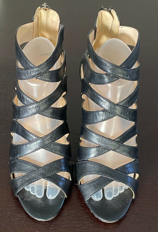 NINE WEST "Cronin" Leather Strappy Open Toe Sandals Zip Back Wedges Shoes Sz 9M