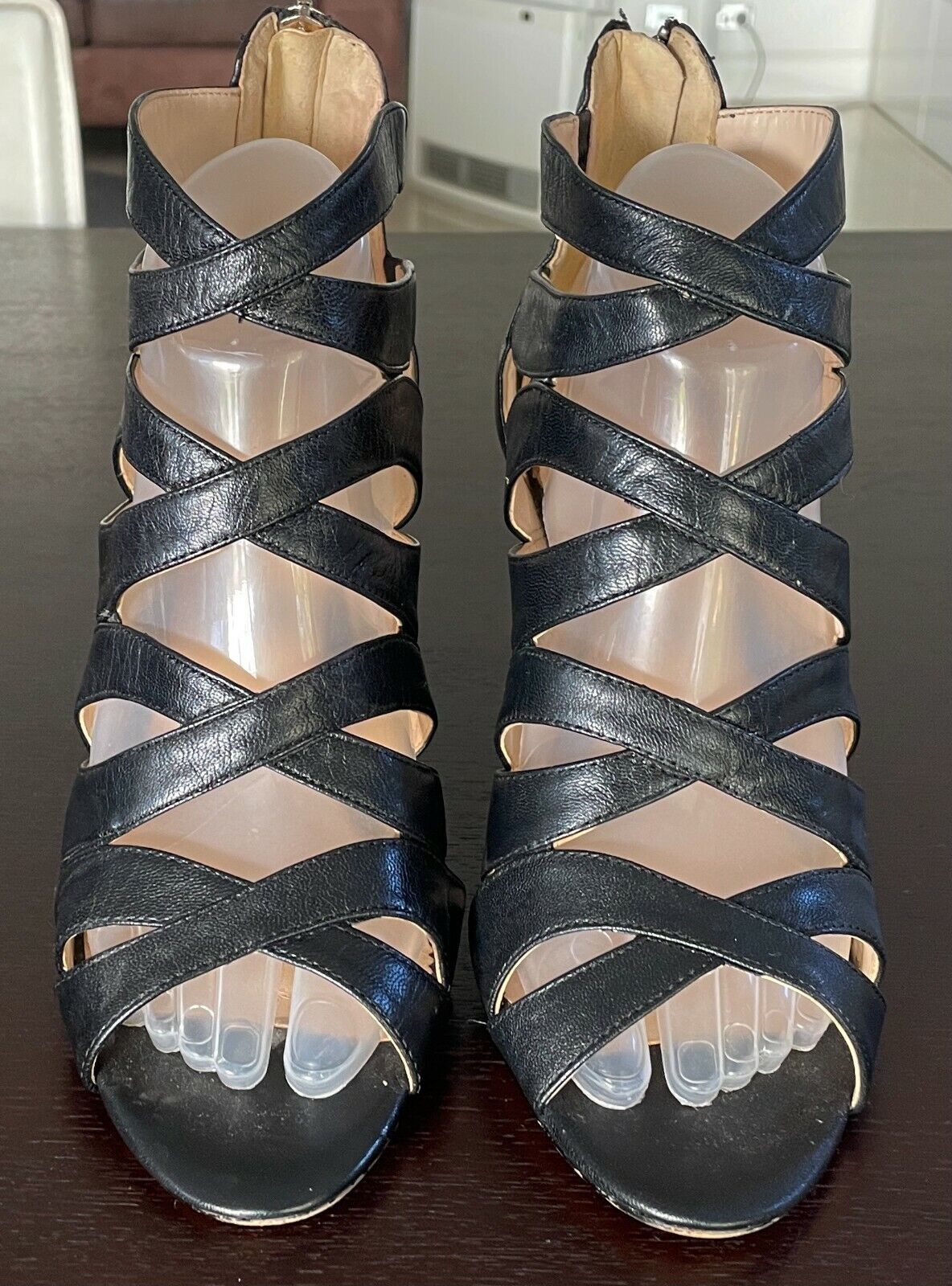 NINE WEST "Cronin" Leather Strappy Open Toe Sandals Zip Back Wedges Shoes Sz 9M