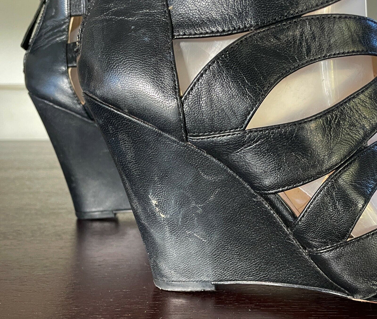 NINE WEST "Cronin" Leather Strappy Open Toe Sandals Zip Back Wedges Shoes Sz 9M