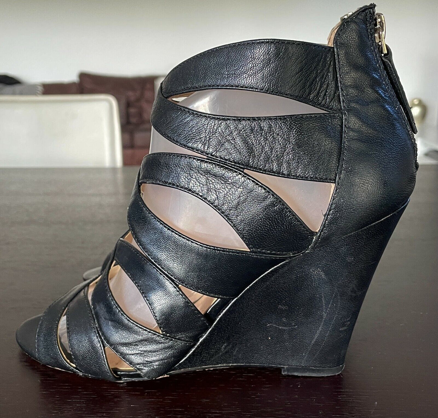 NINE WEST "Cronin" Leather Strappy Open Toe Sandals Zip Back Wedges Shoes Sz 9M