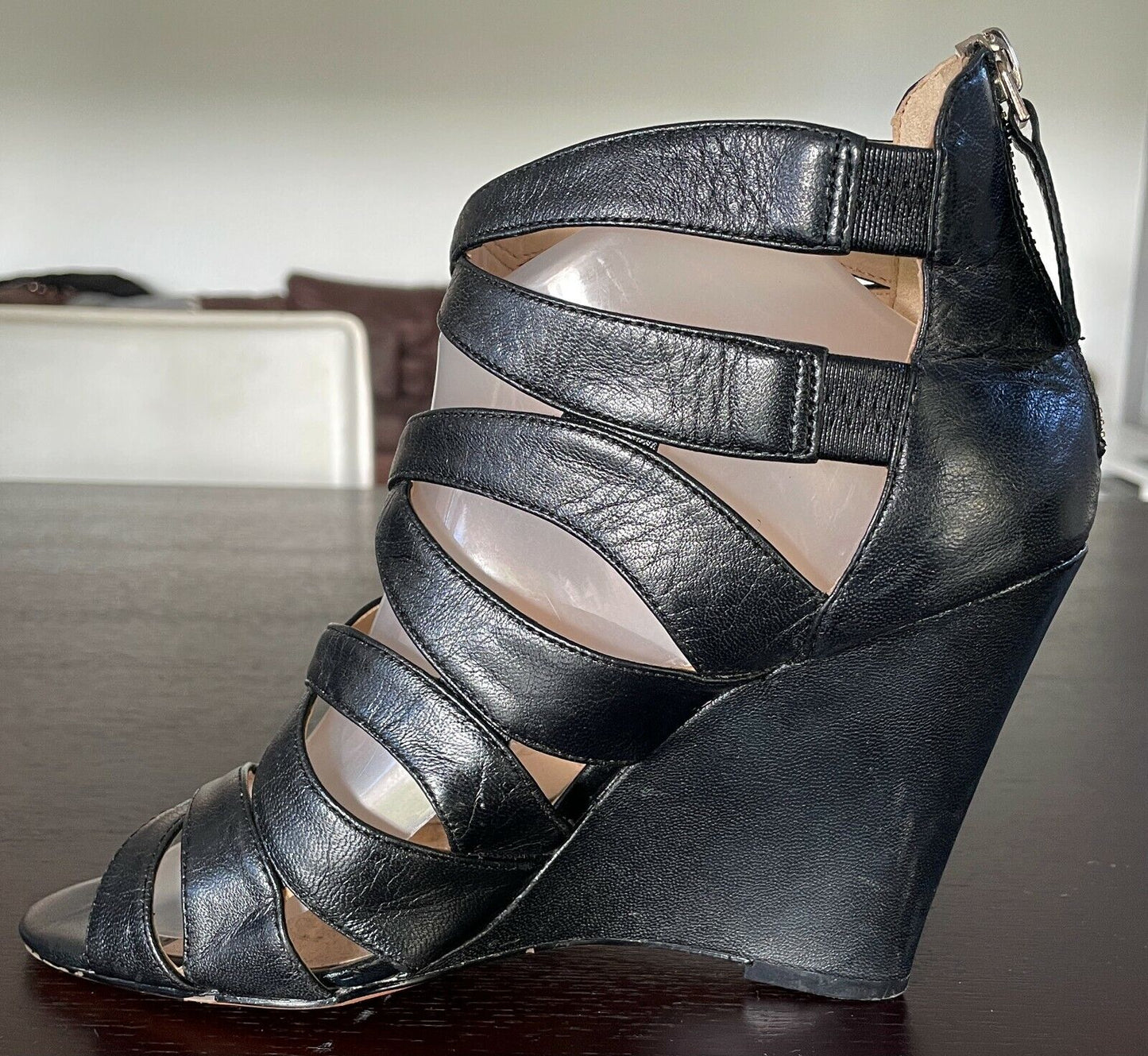 NINE WEST "Cronin" Leather Strappy Open Toe Sandals Zip Back Wedges Shoes Sz 9M
