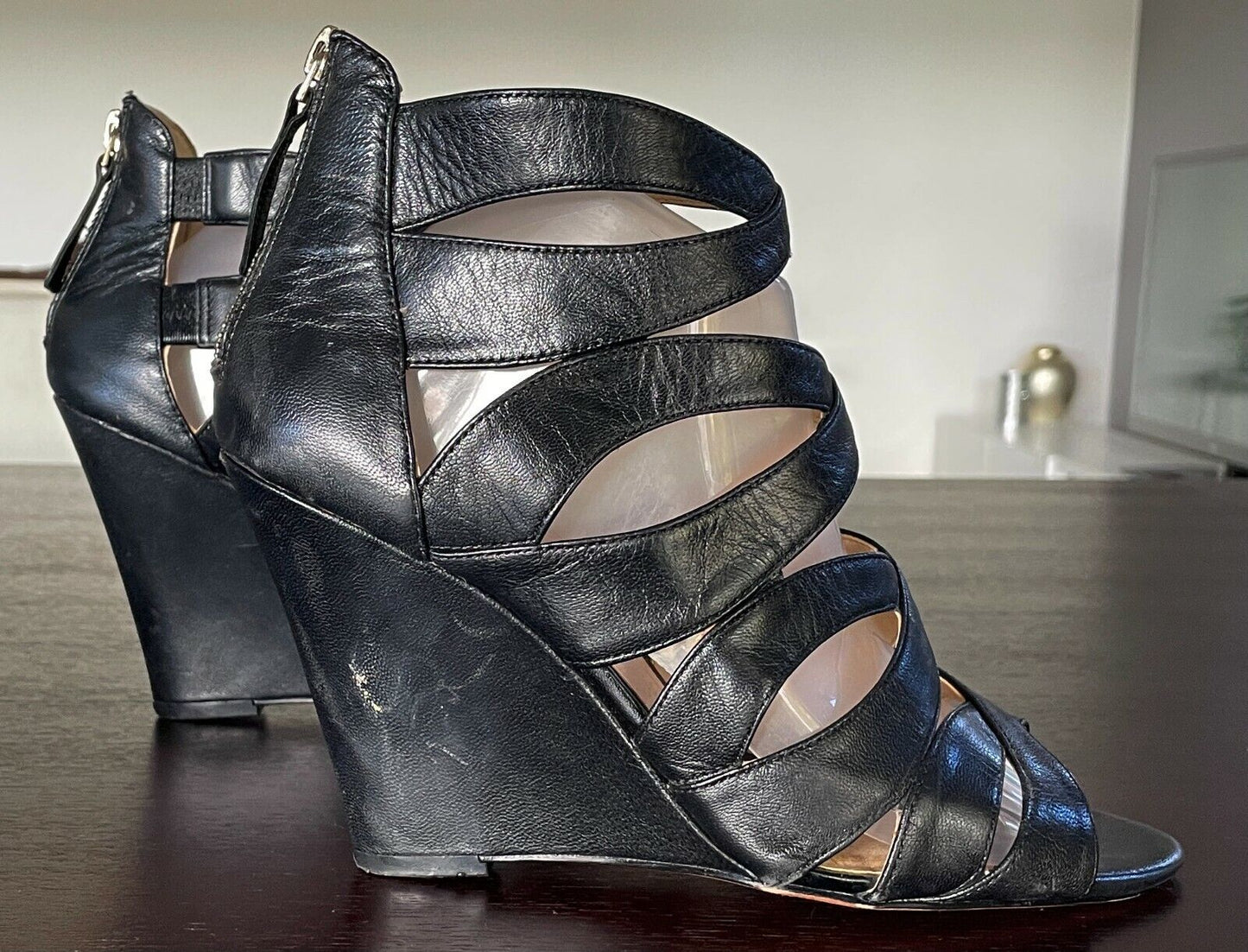 NINE WEST "Cronin" Leather Strappy Open Toe Sandals Zip Back Wedges Shoes Sz 9M
