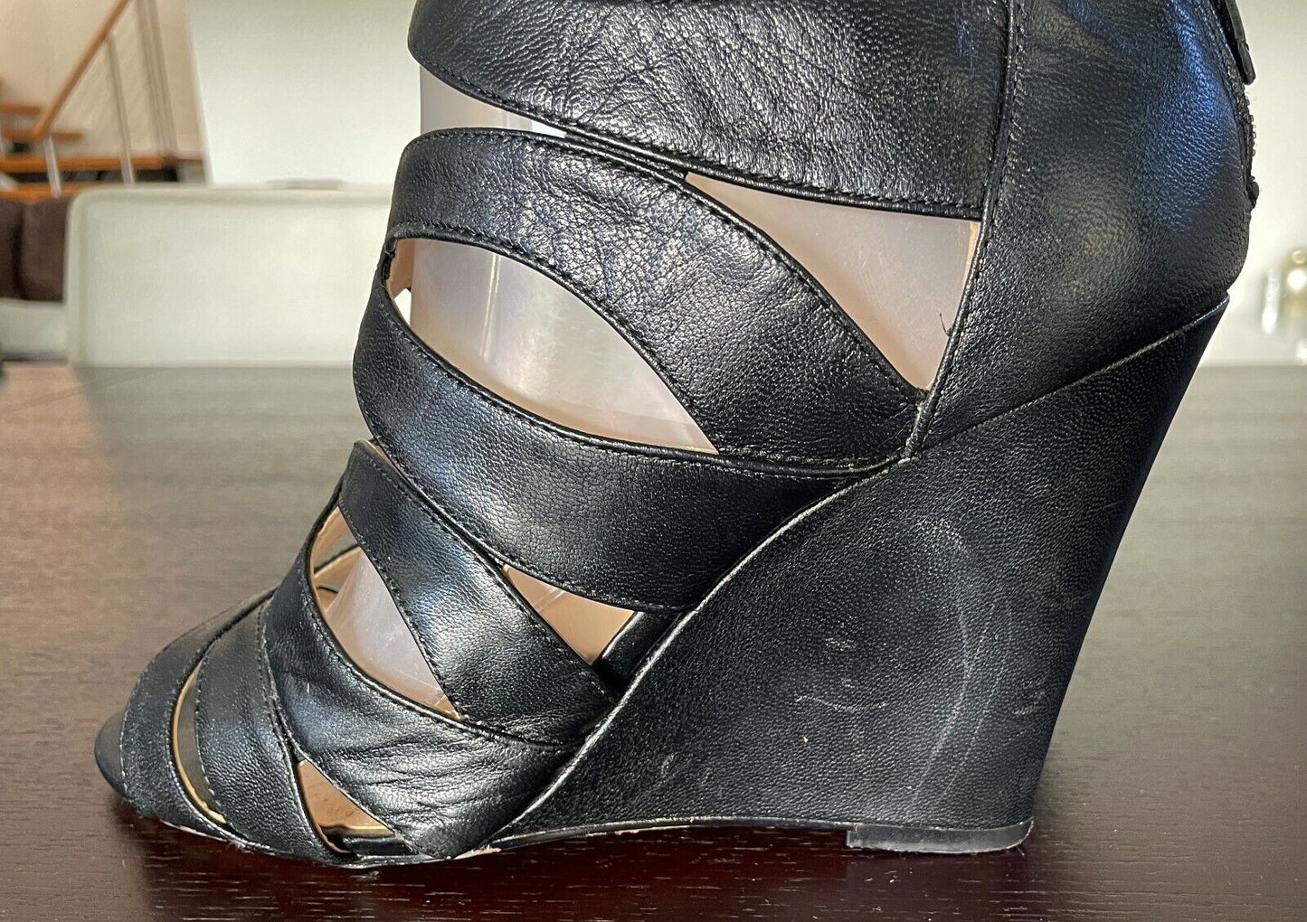 NINE WEST "Cronin" Leather Strappy Open Toe Sandals Zip Back Wedges Shoes Sz 9M
