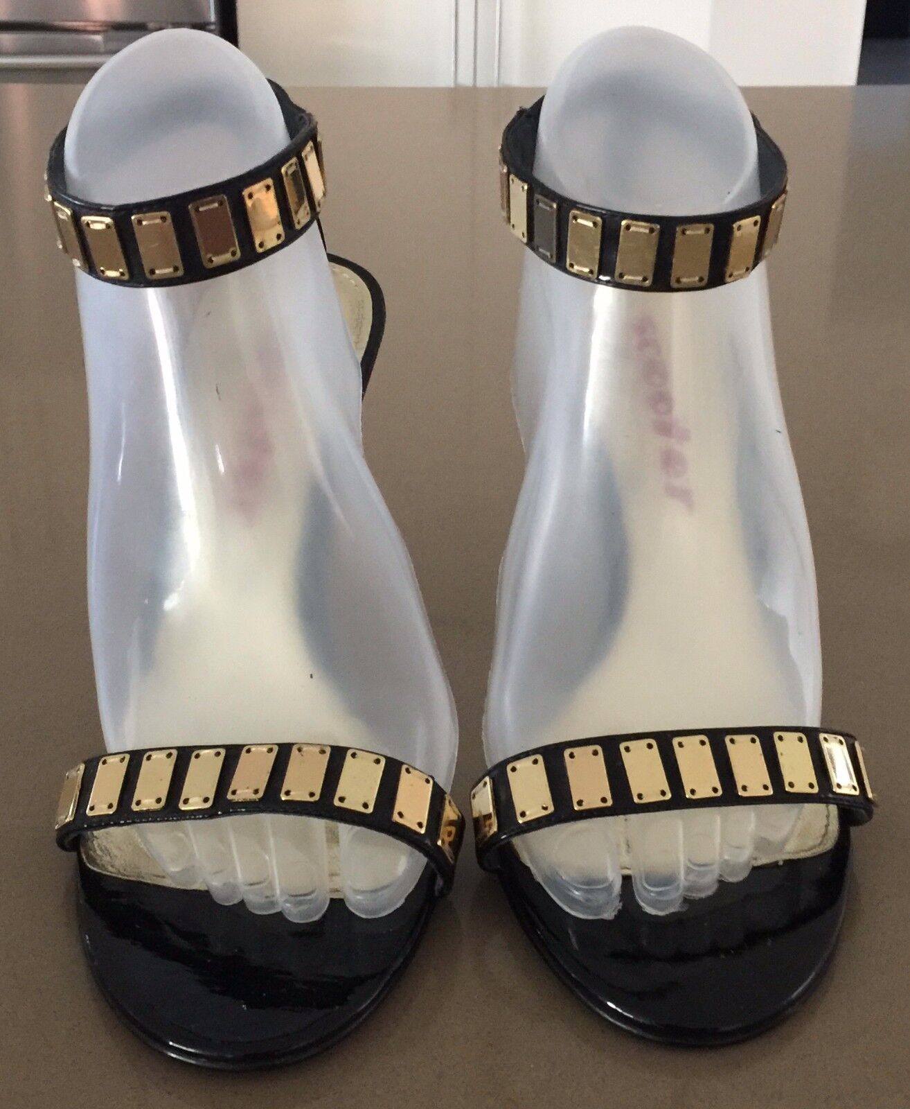 SCOOTER Sandals Patent Black Leather Open Toe Ankle Strap Stiletto Shoes Size 39