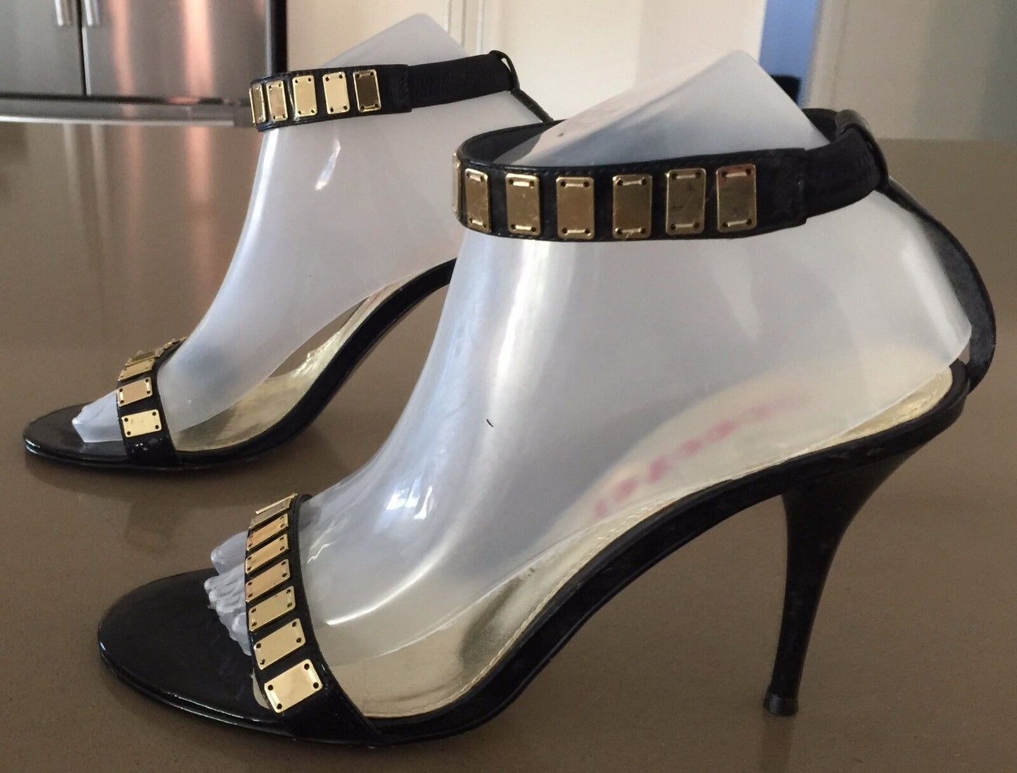 SCOOTER Sandals Patent Black Leather Open Toe Ankle Strap Stiletto Shoes Size 39