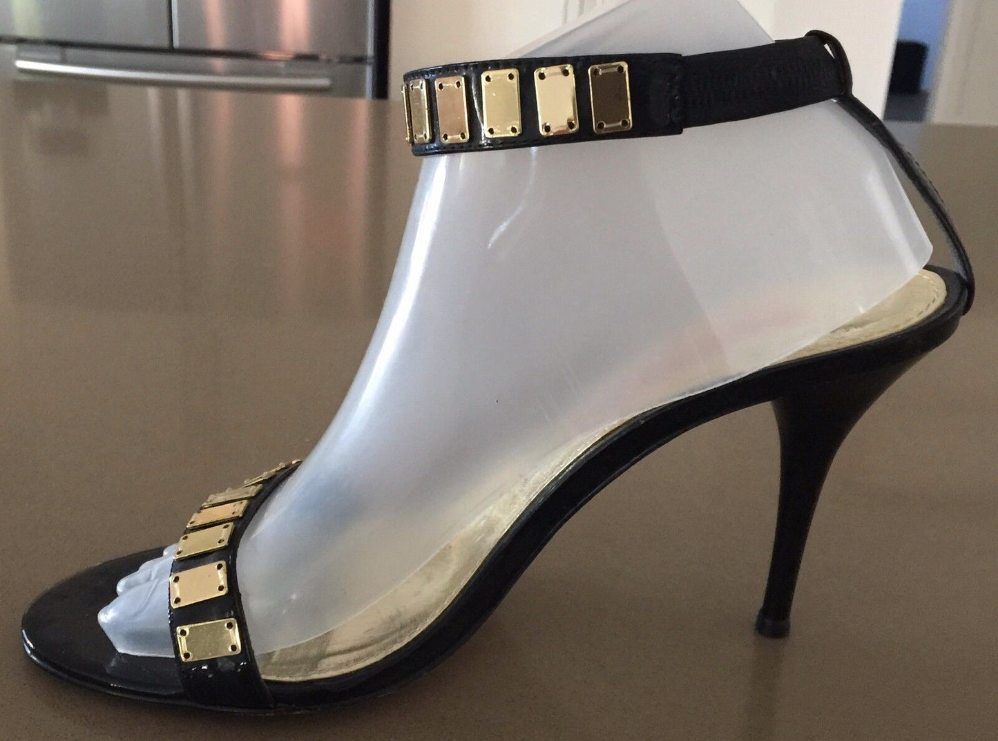 SCOOTER Sandals Patent Black Leather Open Toe Ankle Strap Stiletto Shoes Size 39