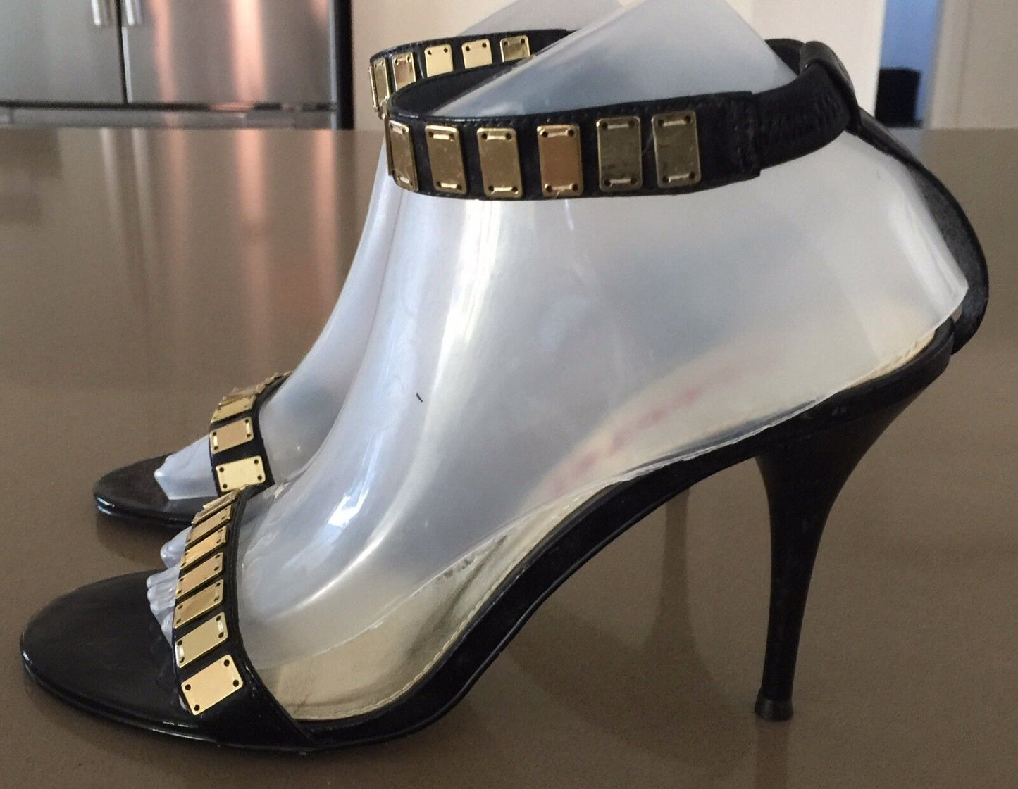 SCOOTER Sandals Patent Black Leather Open Toe Ankle Strap Stiletto Shoes Size 39