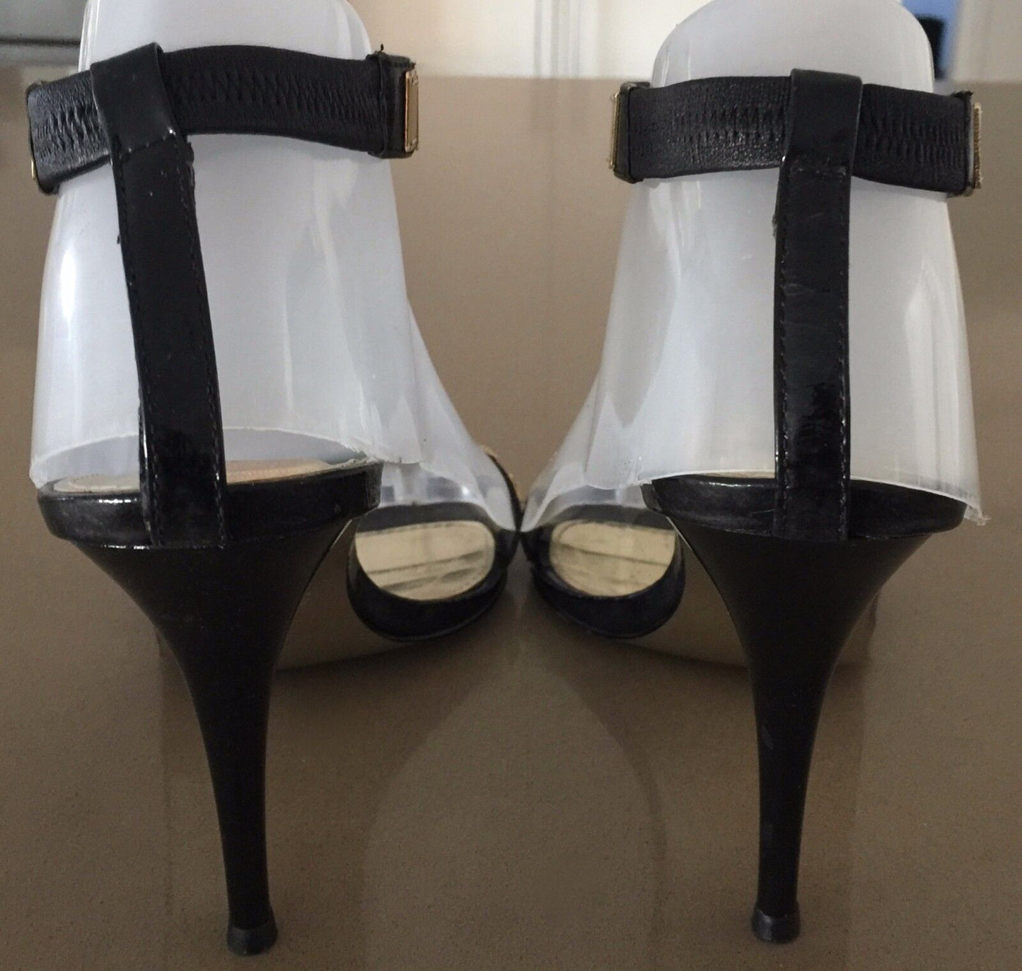 SCOOTER Sandals Patent Black Leather Open Toe Ankle Strap Stiletto Shoes Size 39