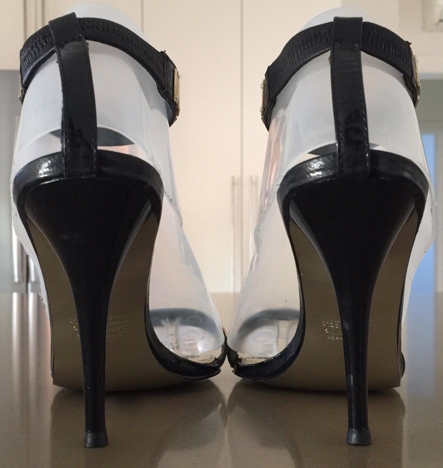 SCOOTER Sandals Patent Black Leather Open Toe Ankle Strap Stiletto Shoes Size 39