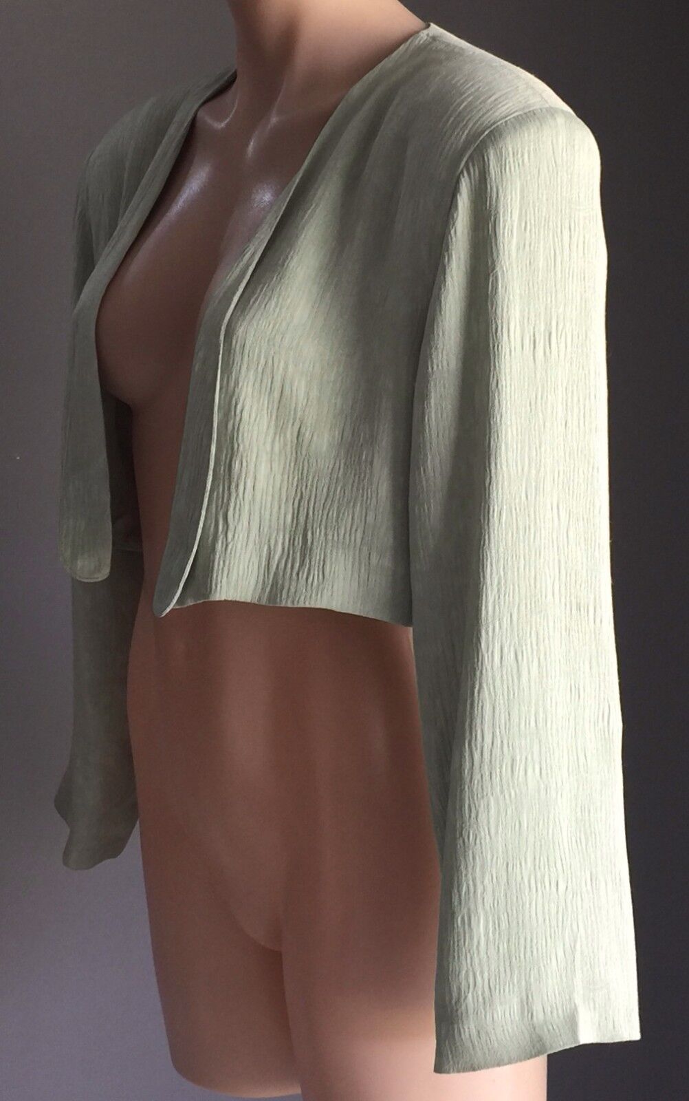 CLUB KINO Jacket Crop Bolero Crinkle Sage Green Paisley Print Size 12 Vintage
