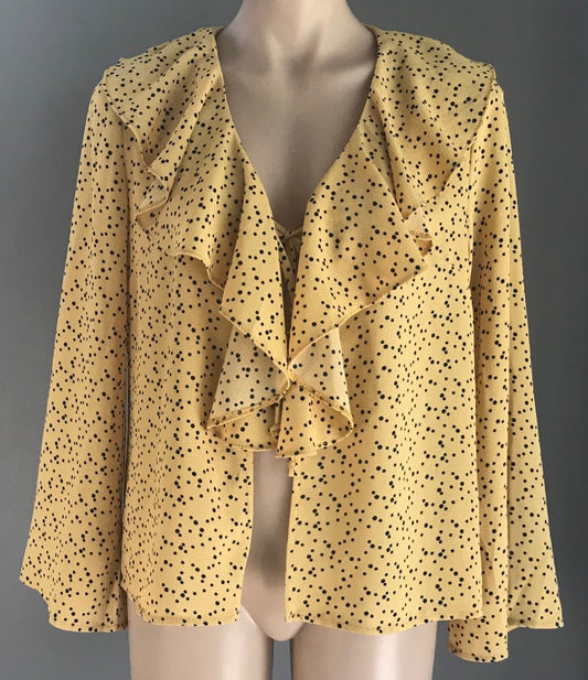OSCAR ST Blouse Frill Neck 3/4 Bell Sleeve Yellow Black Polka Dot Top Size M 14