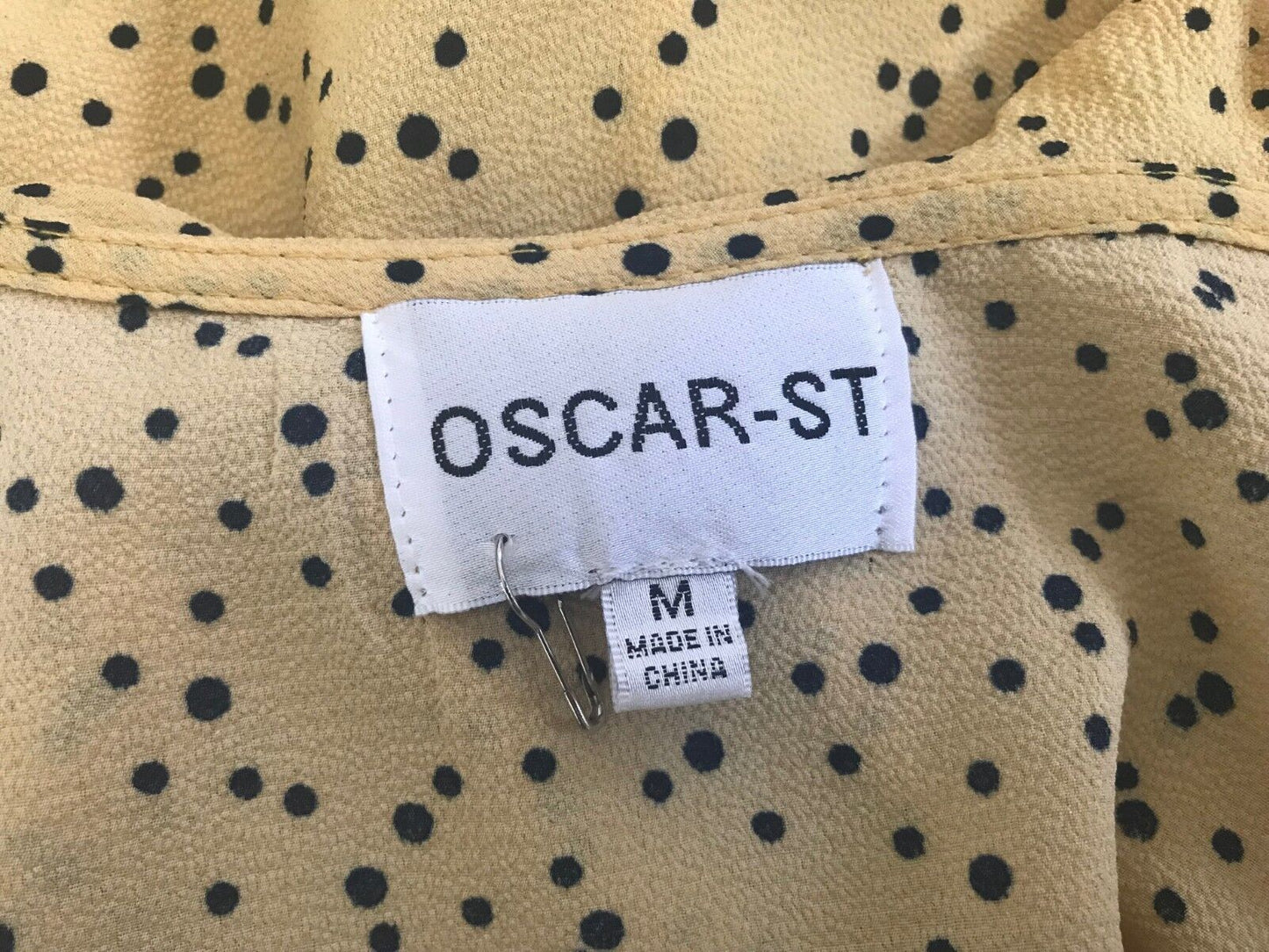 OSCAR ST Blouse Frill Neck 3/4 Bell Sleeve Yellow Black Polka Dot Top Size M 14