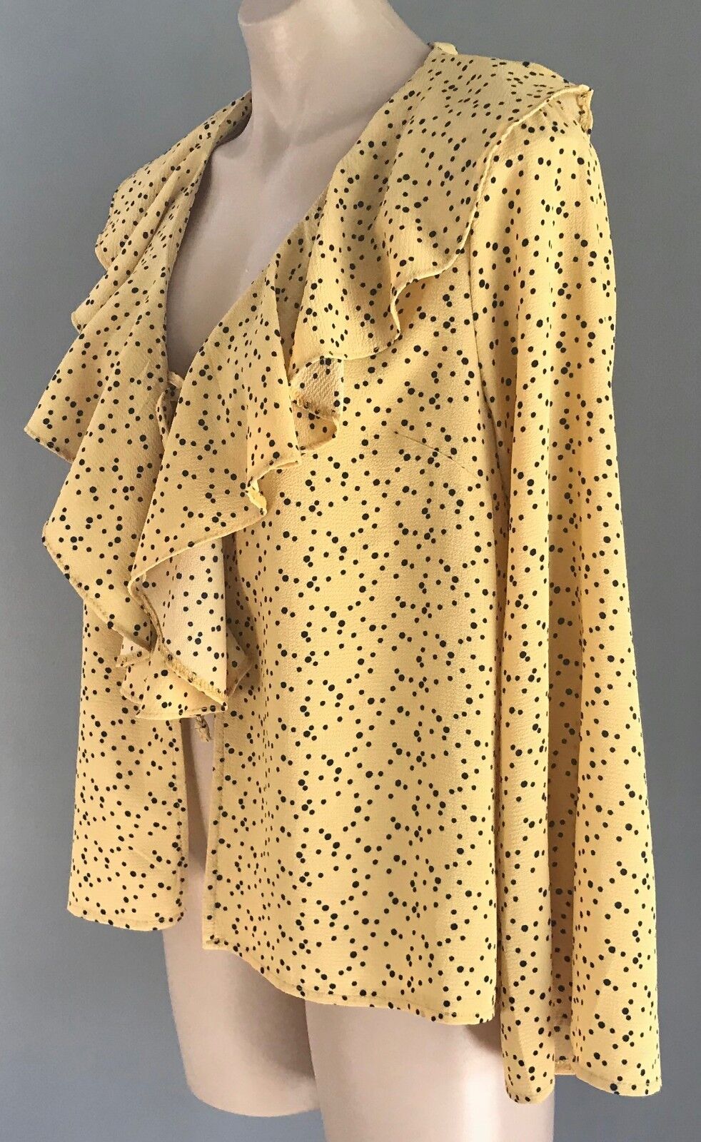 OSCAR ST Blouse Frill Neck 3/4 Bell Sleeve Yellow Black Polka Dot Top Size M 14
