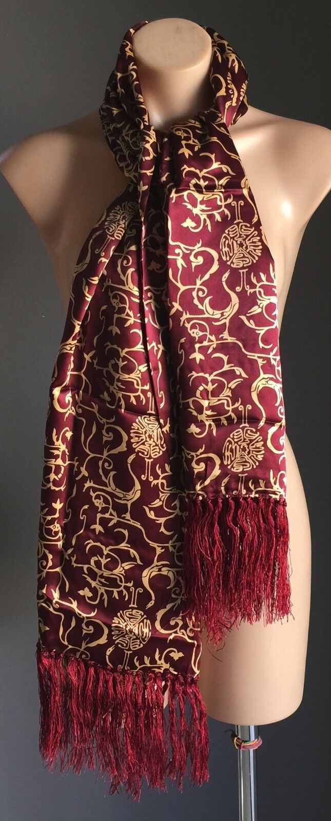 Silk Neck Scarf Wrap Burgundy & Gold Oriental Style Print 161cm L x 57cm W NEW