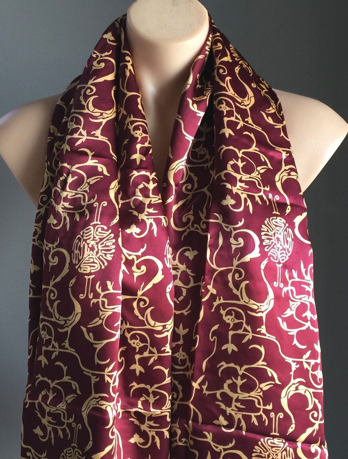 Silk Neck Scarf Wrap Burgundy & Gold Oriental Style Print 161cm L x 57cm W NEW