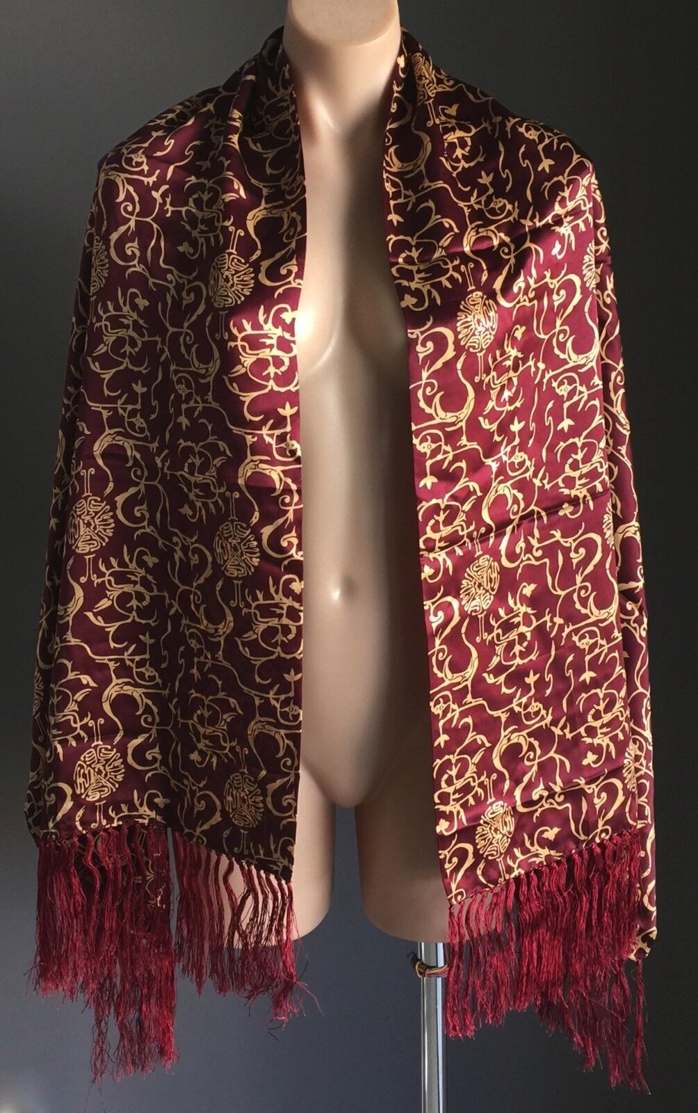Silk Neck Scarf Wrap Burgundy & Gold Oriental Style Print 161cm L x 57cm W NEW