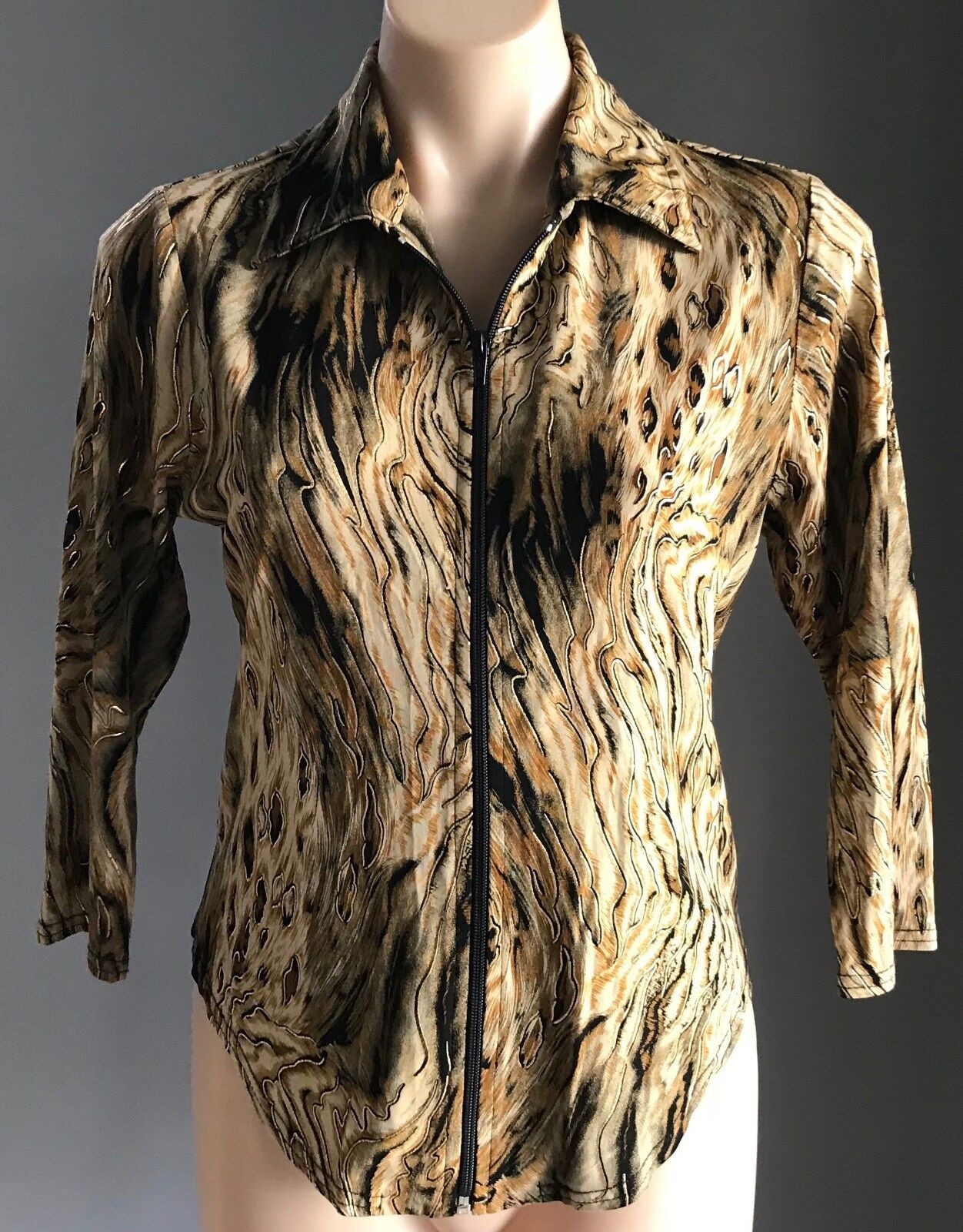 PEER GYNT Top Shades of Brown Gold & Black Zip Front Stretch Size M 10 Vintage