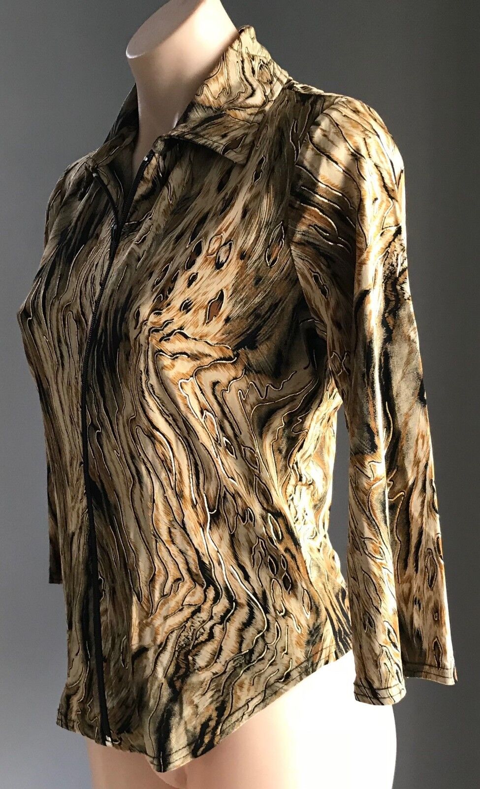 PEER GYNT Top Shades of Brown Gold & Black Zip Front Stretch Size M 10 Vintage