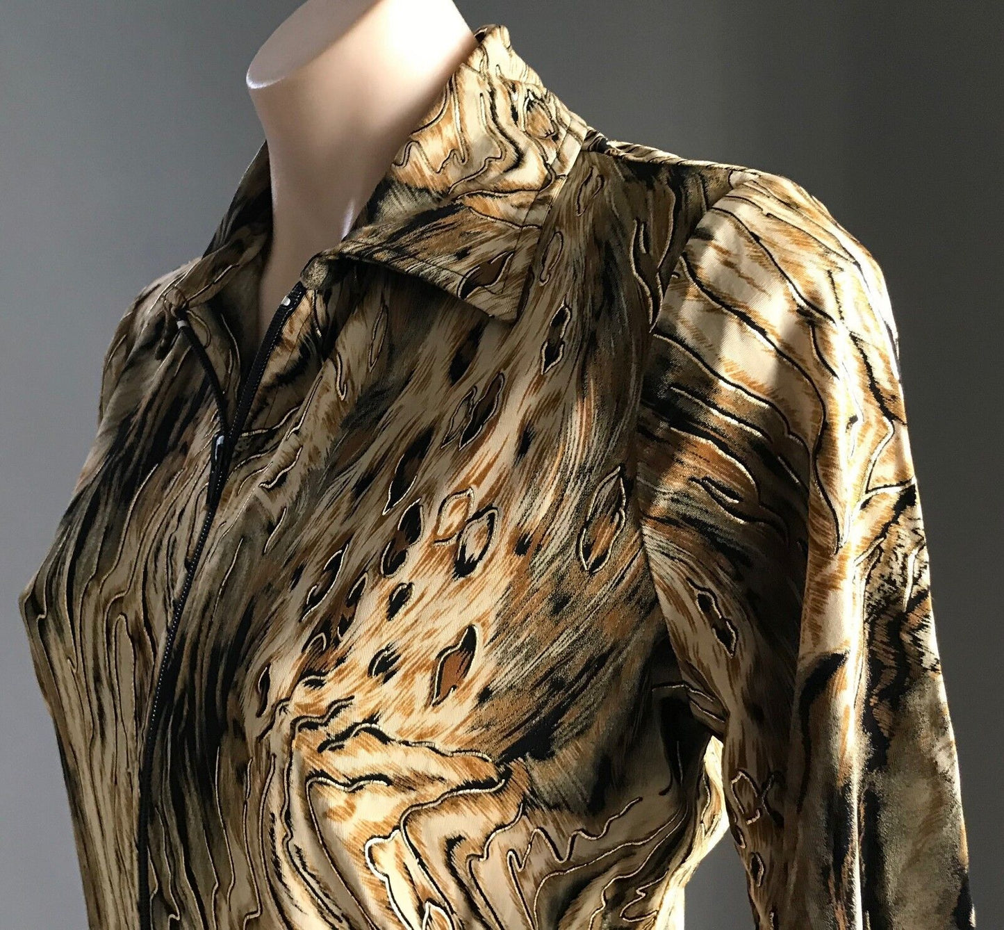 PEER GYNT Top Shades of Brown Gold & Black Zip Front Stretch Size M 10 Vintage