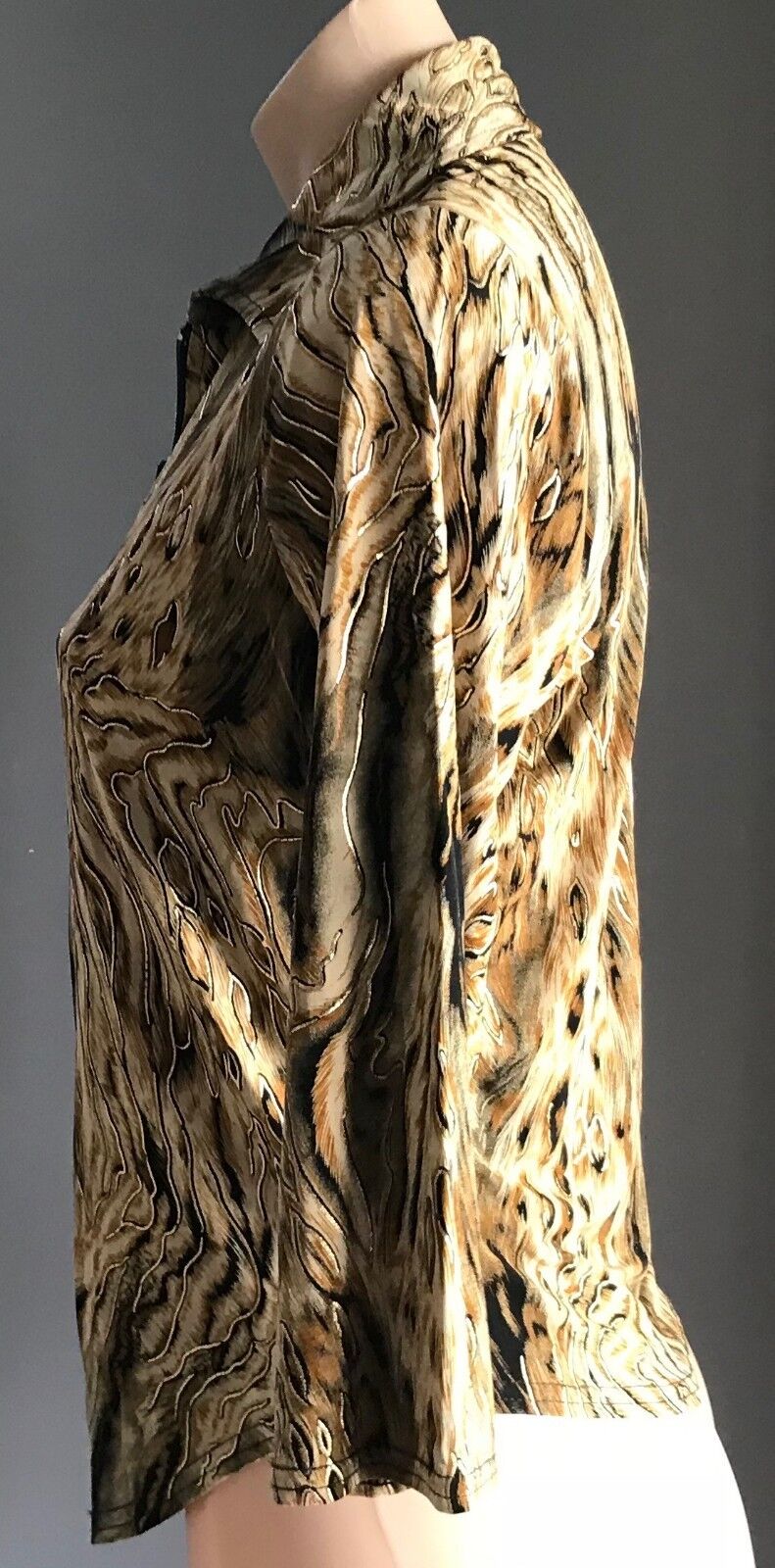 PEER GYNT Top Shades of Brown Gold & Black Zip Front Stretch Size M 10 Vintage
