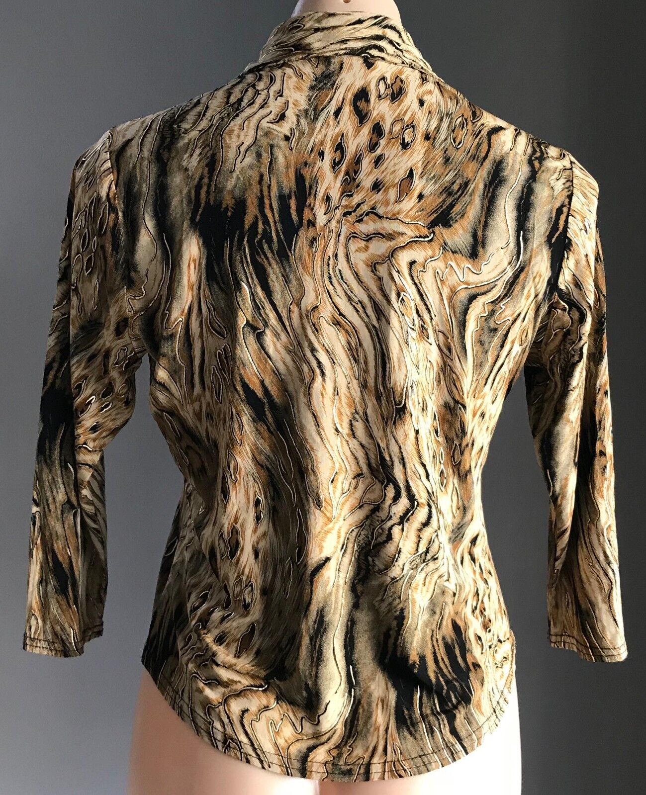 PEER GYNT Top Shades of Brown Gold & Black Zip Front Stretch Size M 10 Vintage