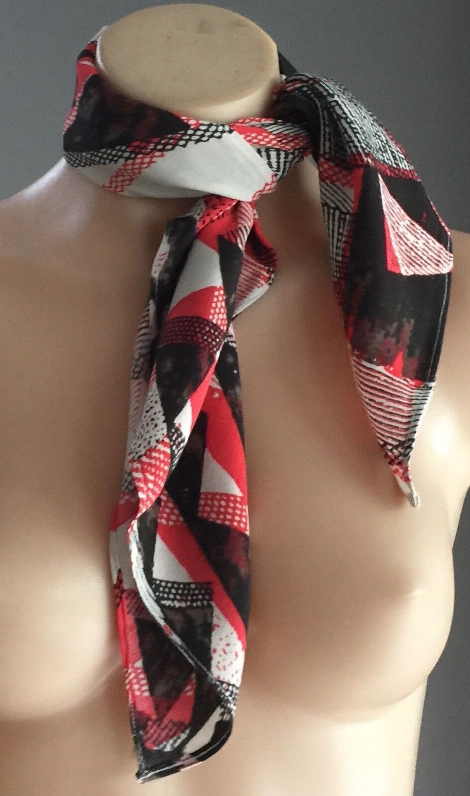 Vintage 1960's Neckerchief Red Black Taupe & Ivory Abstract Print Neck Scarf