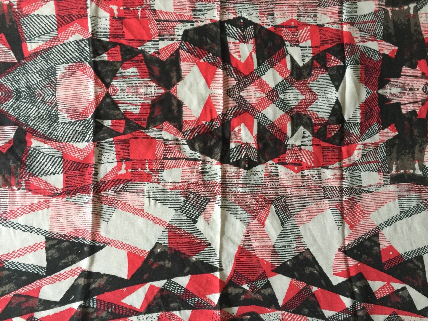 Vintage 1960's Neckerchief Red Black Taupe & Ivory Abstract Print Neck Scarf