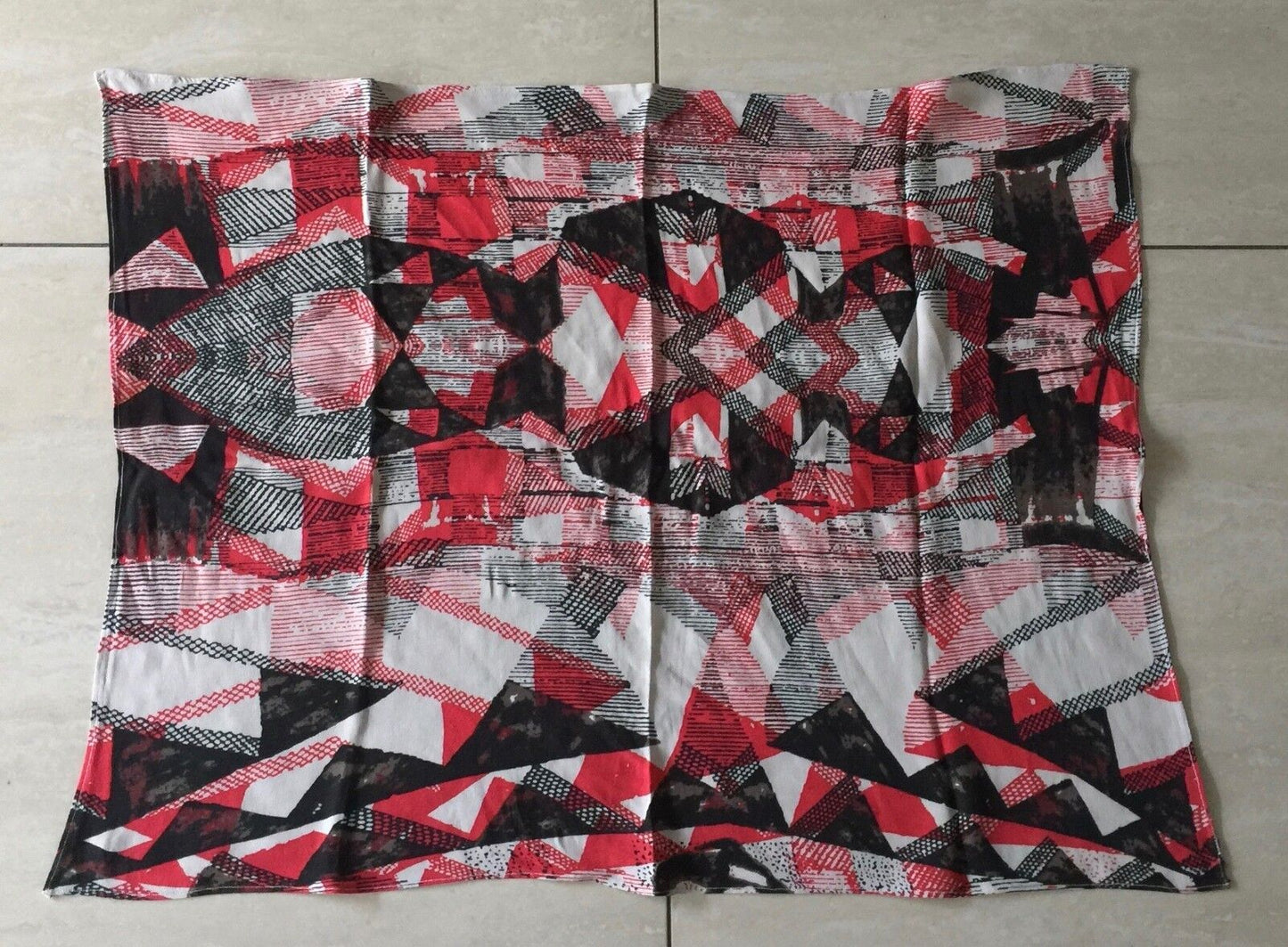 Vintage 1960's Neckerchief Red Black Taupe & Ivory Abstract Print Neck Scarf