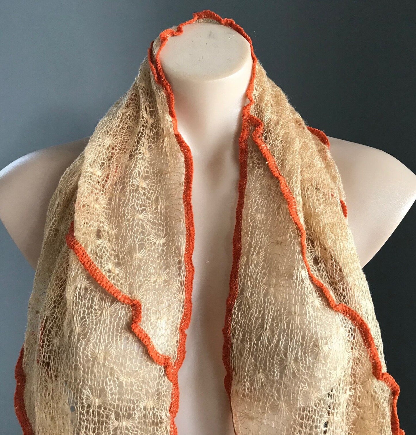 MOHAIR Blend SCARF Caramel & Orange Trim Loose Knit Rectangle Textured NEW