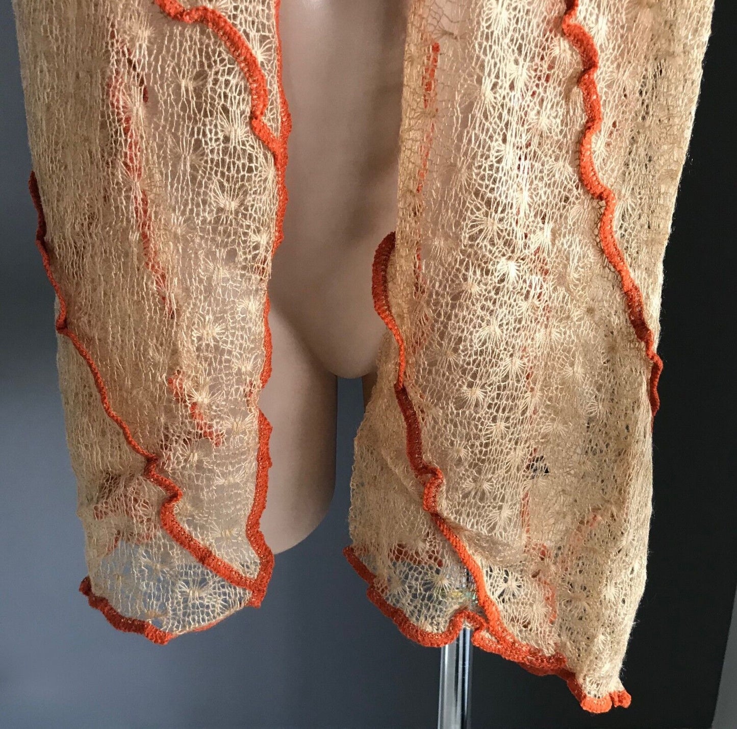 MOHAIR Blend SCARF Caramel & Orange Trim Loose Knit Rectangle Textured NEW