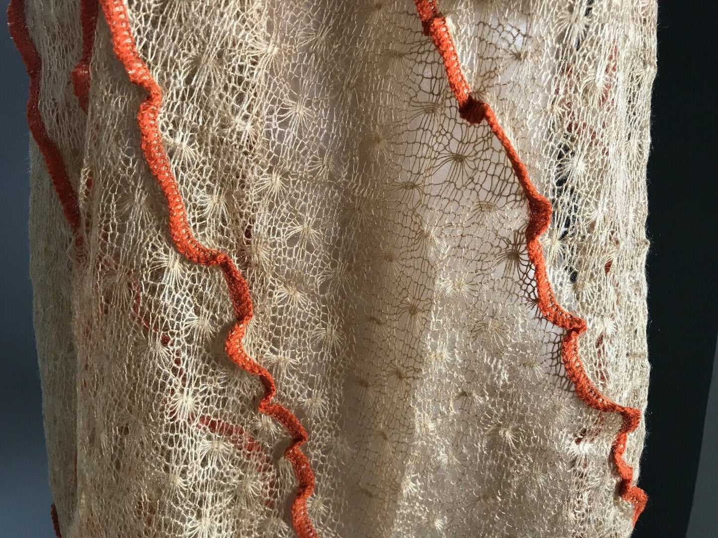 MOHAIR Blend SCARF Caramel & Orange Trim Loose Knit Rectangle Textured NEW