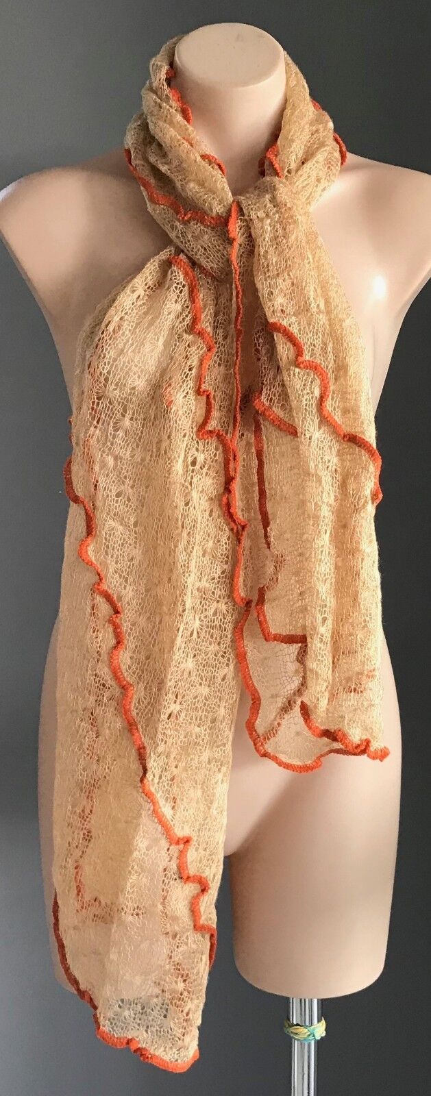 MOHAIR Blend SCARF Caramel & Orange Trim Loose Knit Rectangle Textured NEW