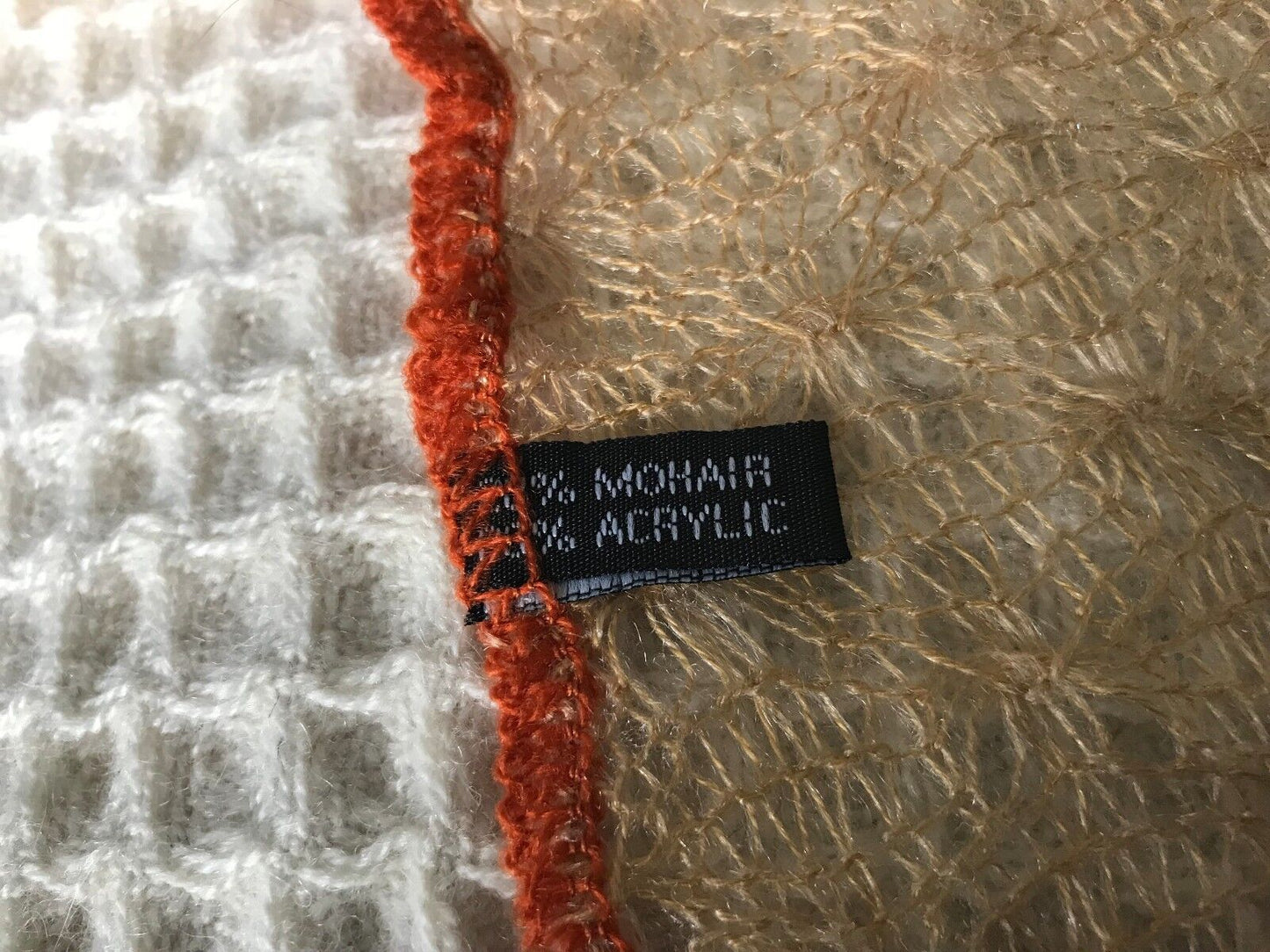 MOHAIR Blend SCARF Caramel & Orange Trim Loose Knit Rectangle Textured NEW