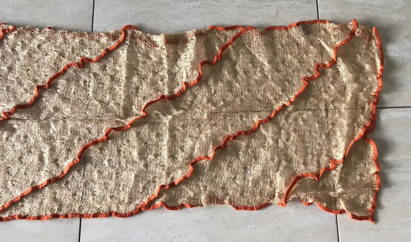 MOHAIR Blend SCARF Caramel & Orange Trim Loose Knit Rectangle Textured NEW