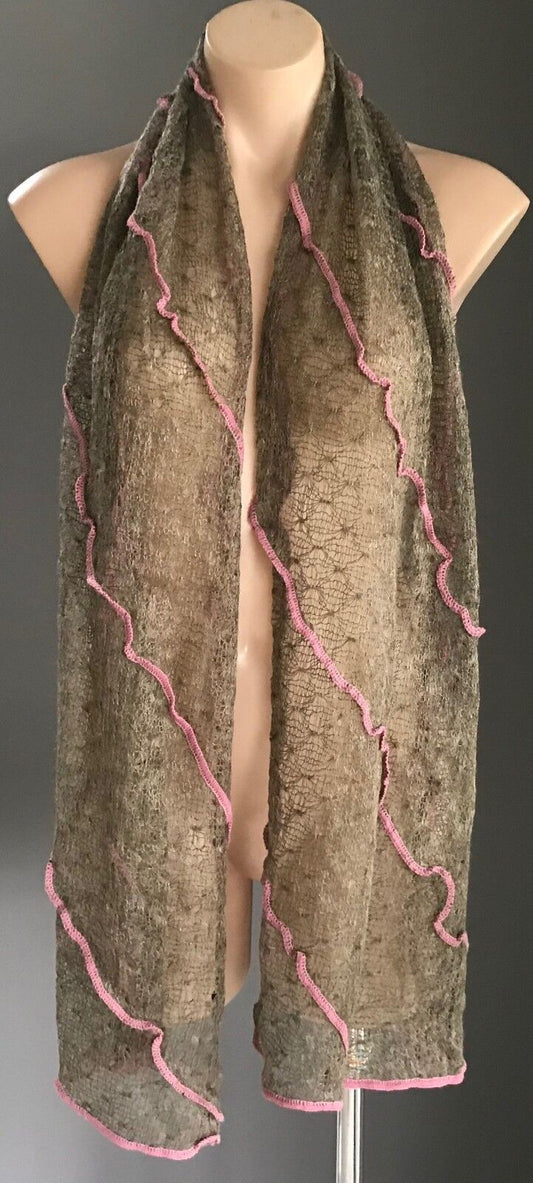 Mohair Neck Scarf Brown Pink Trim Fine Loose Knit Rectangle Unique NEW