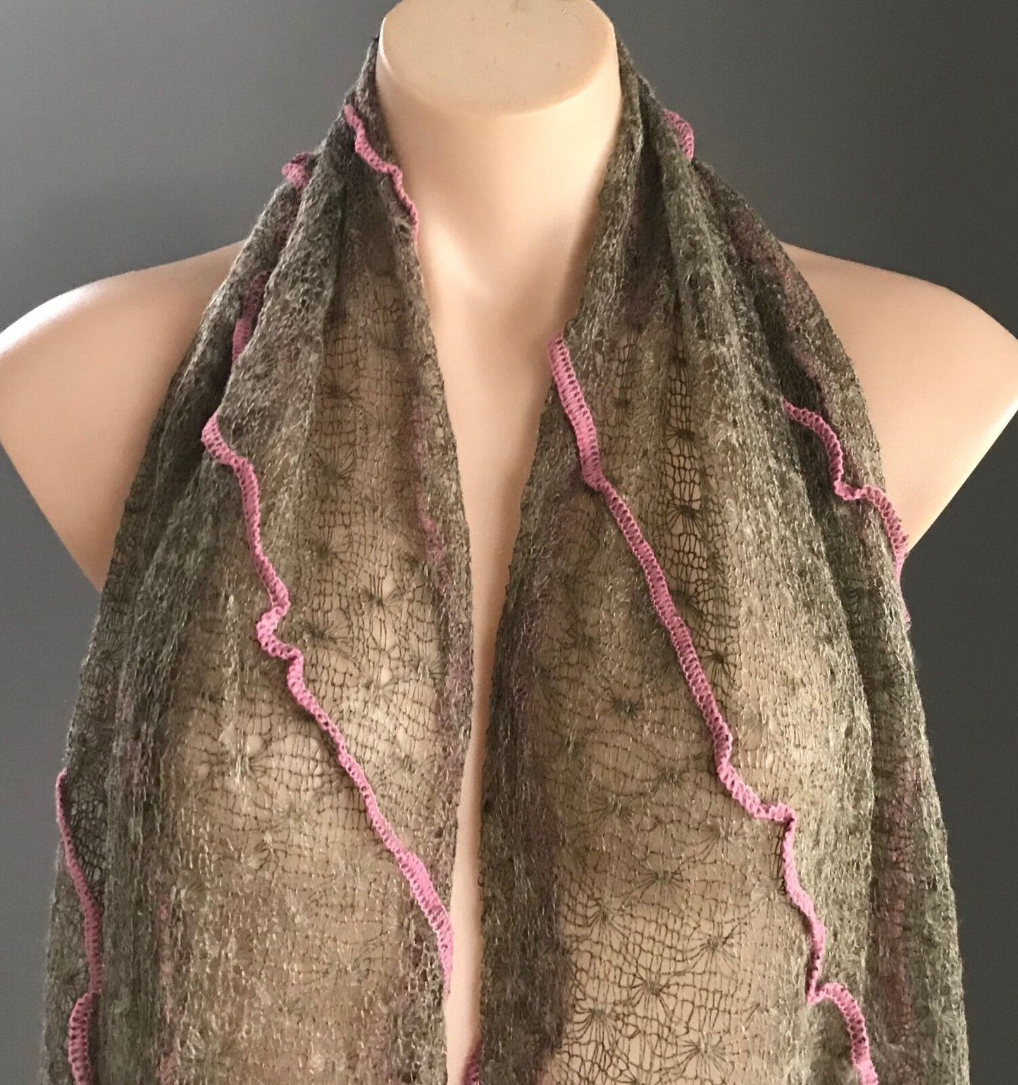 Mohair Neck Scarf Brown Pink Trim Fine Loose Knit Rectangle Unique NEW