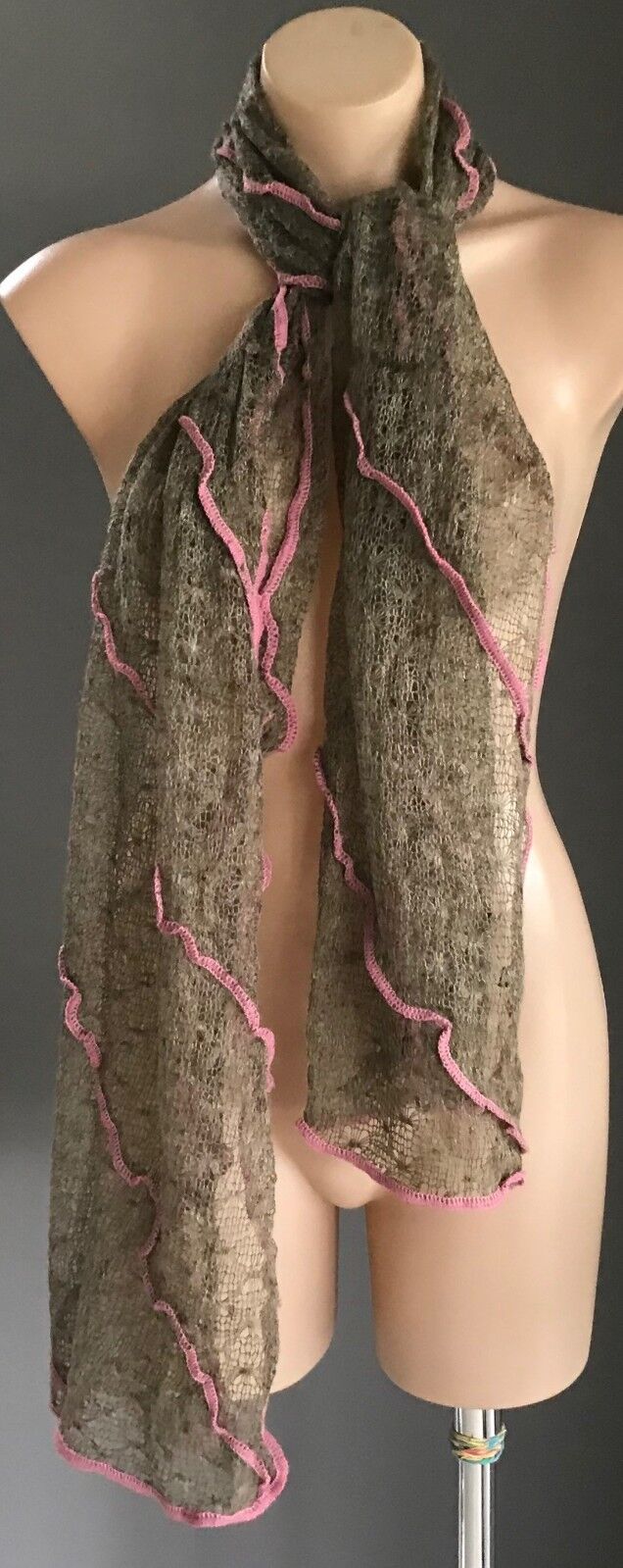 Mohair Neck Scarf Brown Pink Trim Fine Loose Knit Rectangle Unique NEW