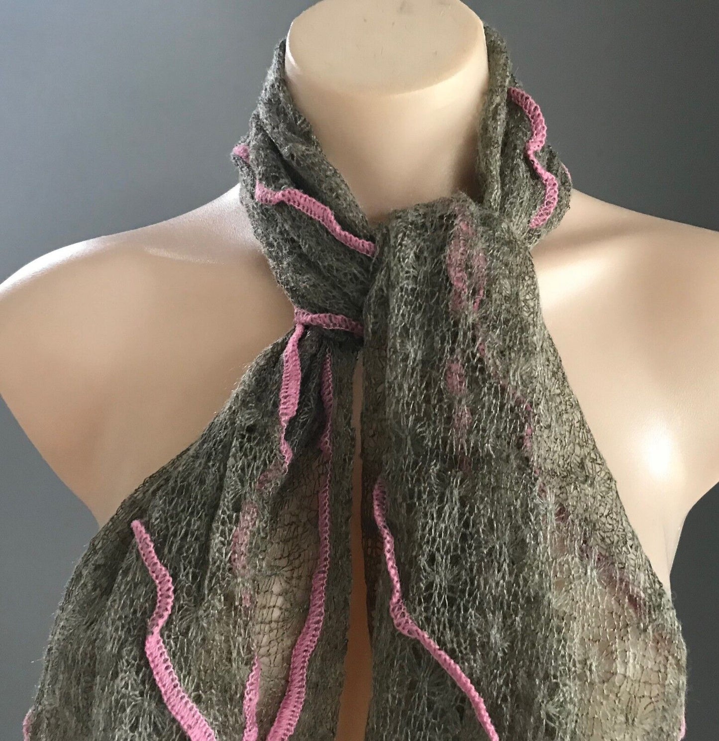 Mohair Neck Scarf Brown Pink Trim Fine Loose Knit Rectangle Unique NEW