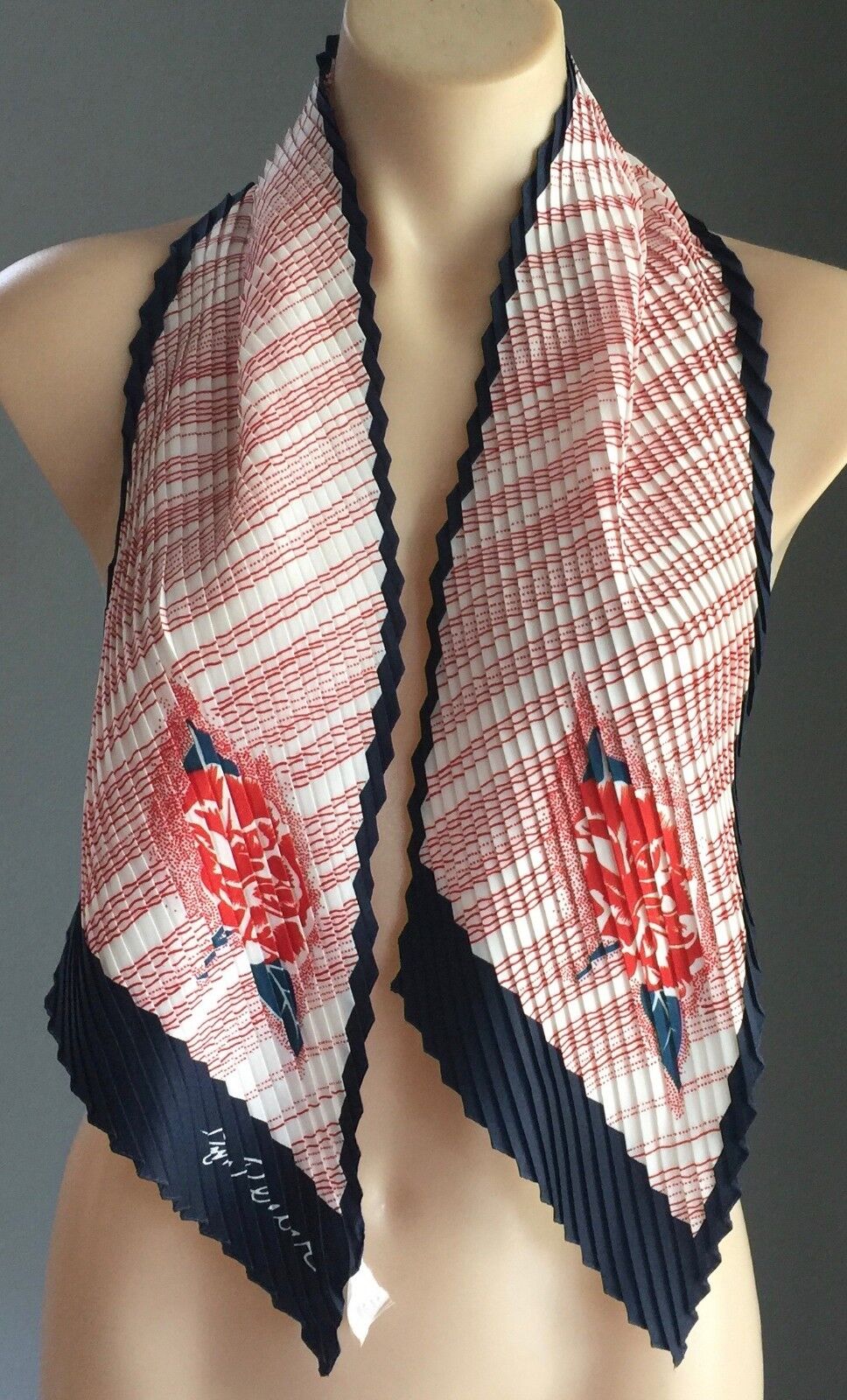 Vintage JIM RENOIR Scarf Red Blue & White  Floral & Stripe Print Micro Pleat