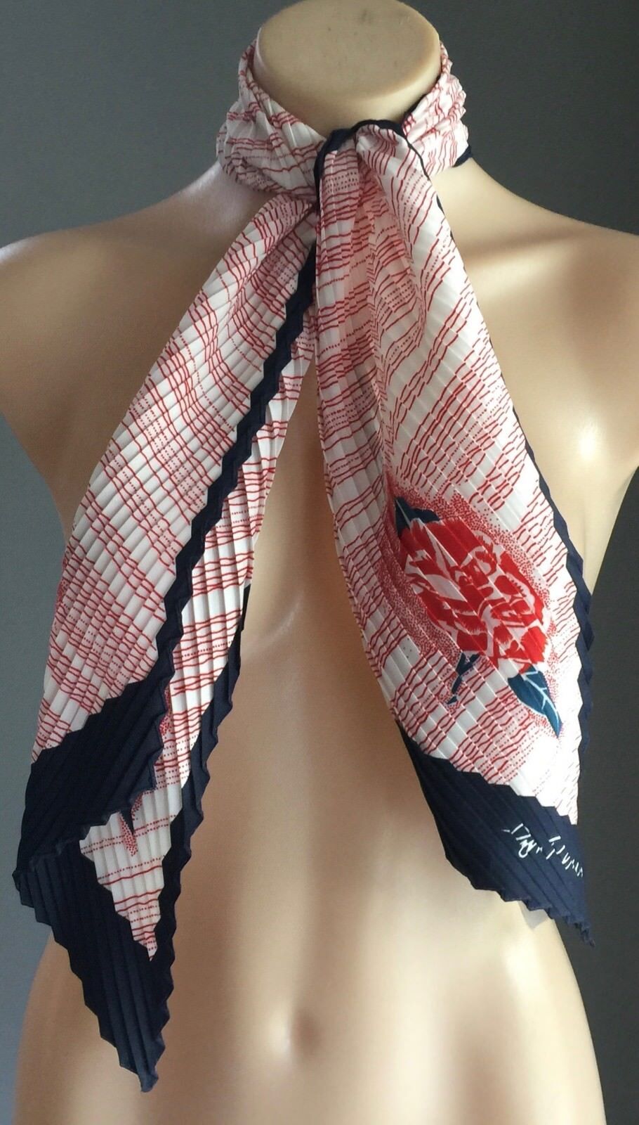 Vintage JIM RENOIR Scarf Red Blue & White  Floral & Stripe Print Micro Pleat
