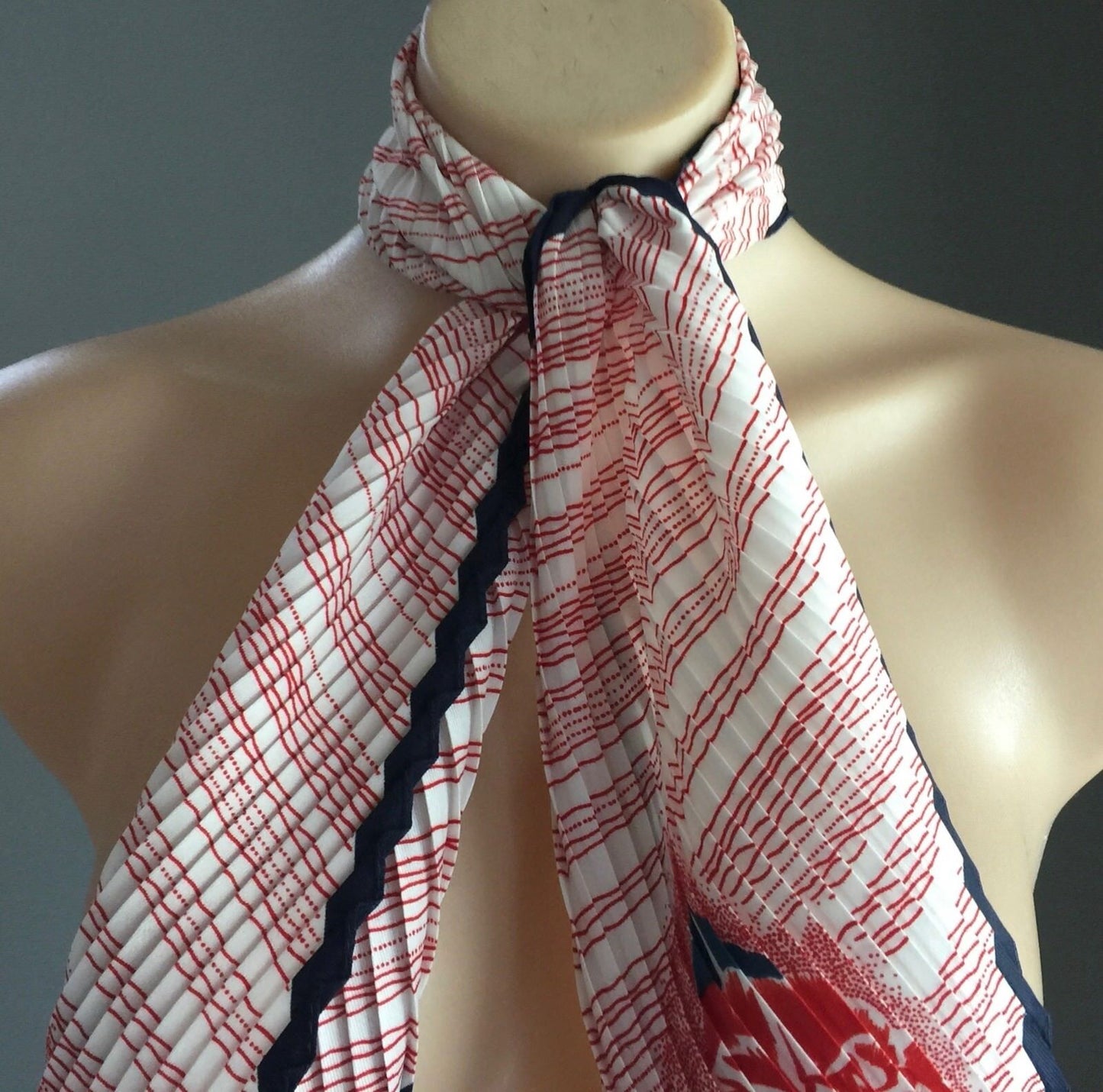 Vintage JIM RENOIR Scarf Red Blue & White  Floral & Stripe Print Micro Pleat