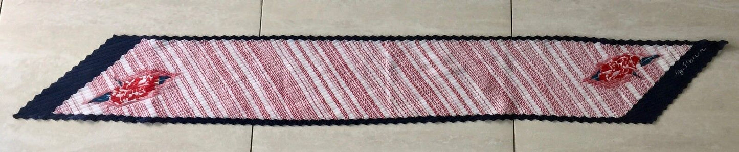 Vintage JIM RENOIR Scarf Red Blue & White  Floral & Stripe Print Micro Pleat