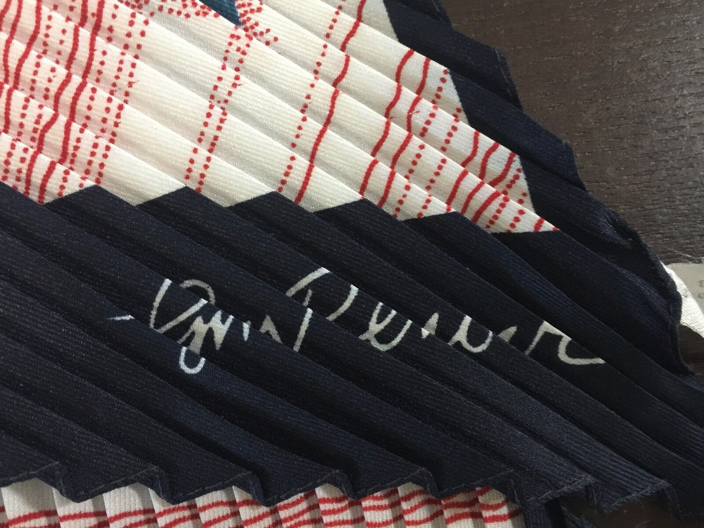 Vintage JIM RENOIR Scarf Red Blue & White  Floral & Stripe Print Micro Pleat