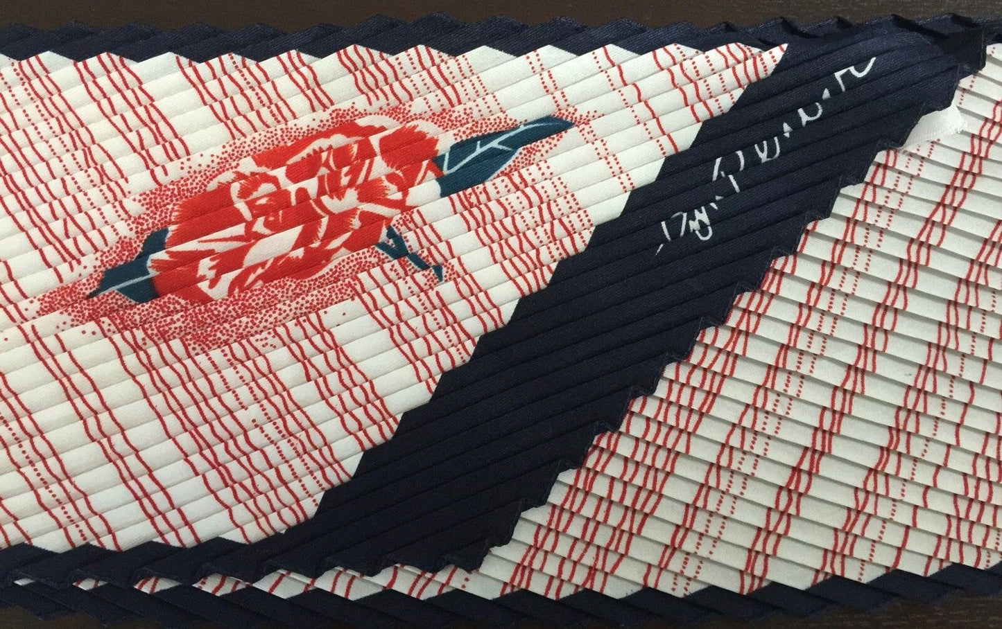 Vintage JIM RENOIR Scarf Red Blue & White  Floral & Stripe Print Micro Pleat