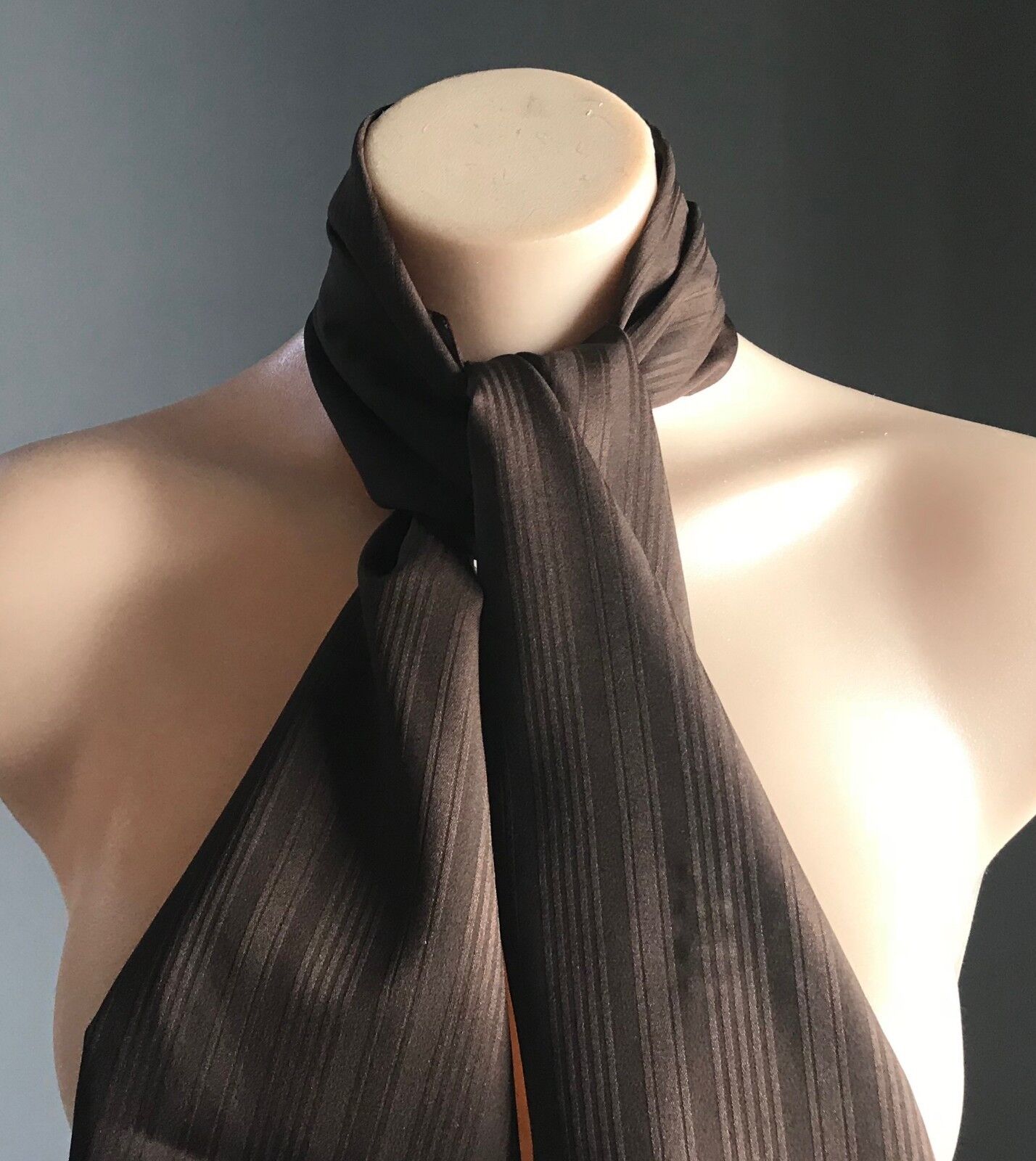 Retro 140.5cm Neck SCARF Brown Polyester Self Stripe Scarf Head Wrap 26cm W