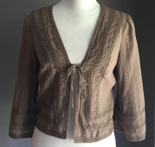 NOBUE Cotton Top Brown Summer Lightweight Cardi Size 10 Lace Trim Boho Hippie
