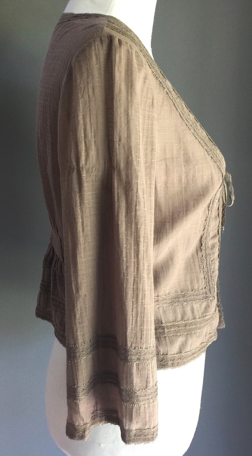 NOBUE Cotton Top Brown Summer Lightweight Cardi Size 10 Lace Trim Boho Hippie
